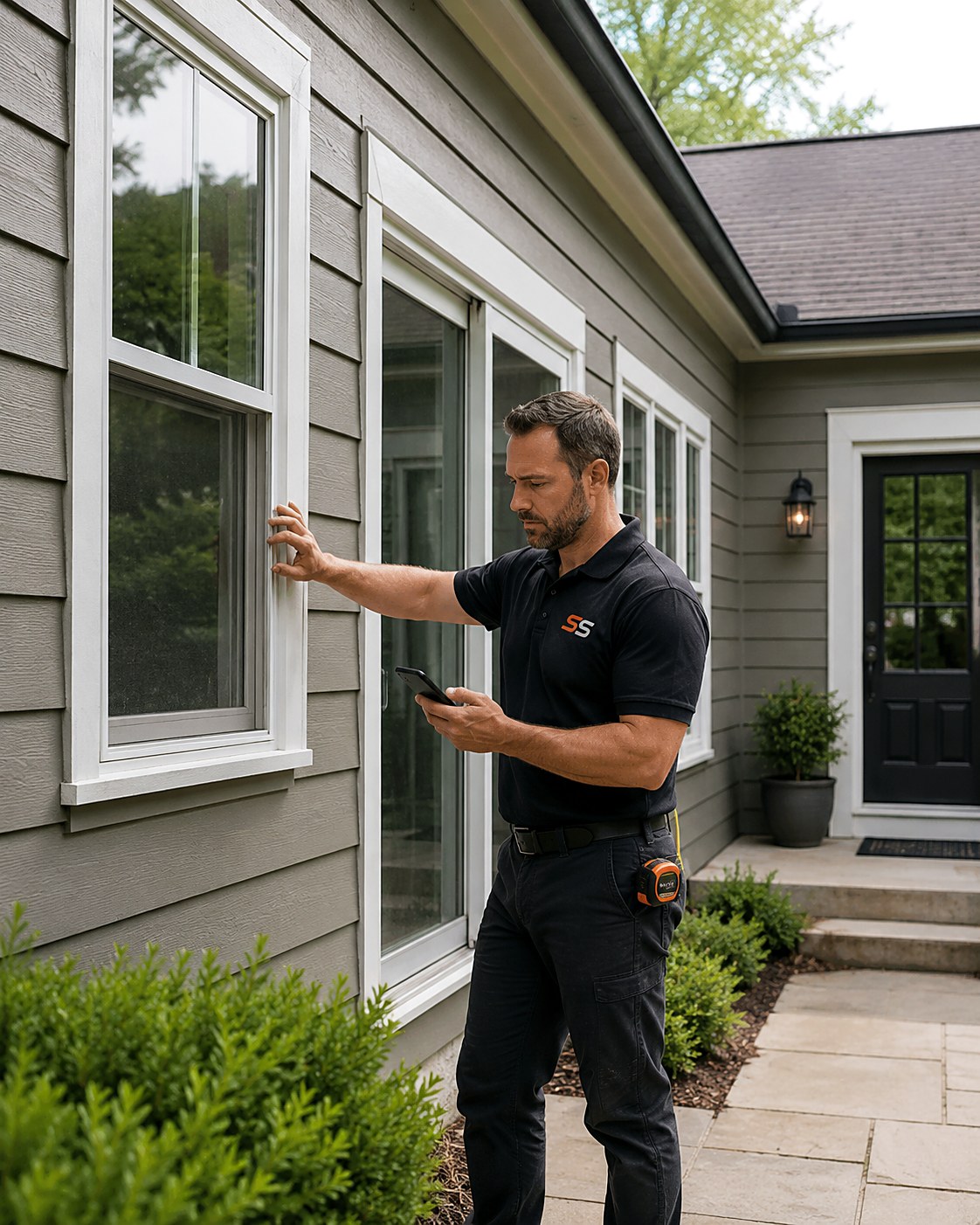 Smart Scope estimator counting window and door openings along a home's exterior, noting each unit on his phone with a tape measure on his belt