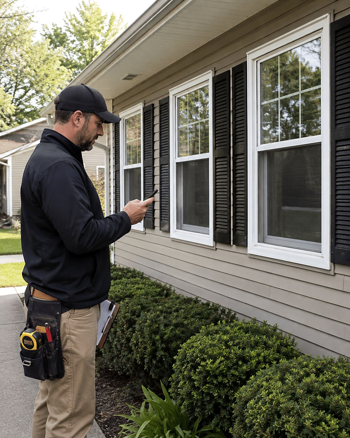 Estimator photographing a row of white vinyl double-hung windows on a home's main floor for a ten-window insert replacement bid