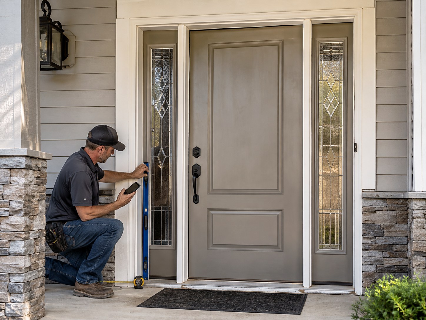 Estimator checking an out-of-square entry door opening with a level, fiberglass door with two sidelites and black hardware