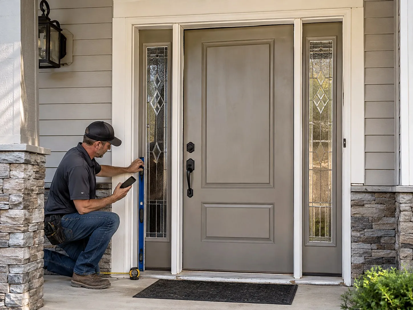 Estimator checking an out-of-square entry door opening with a level, fiberglass door with two sidelites and black hardware