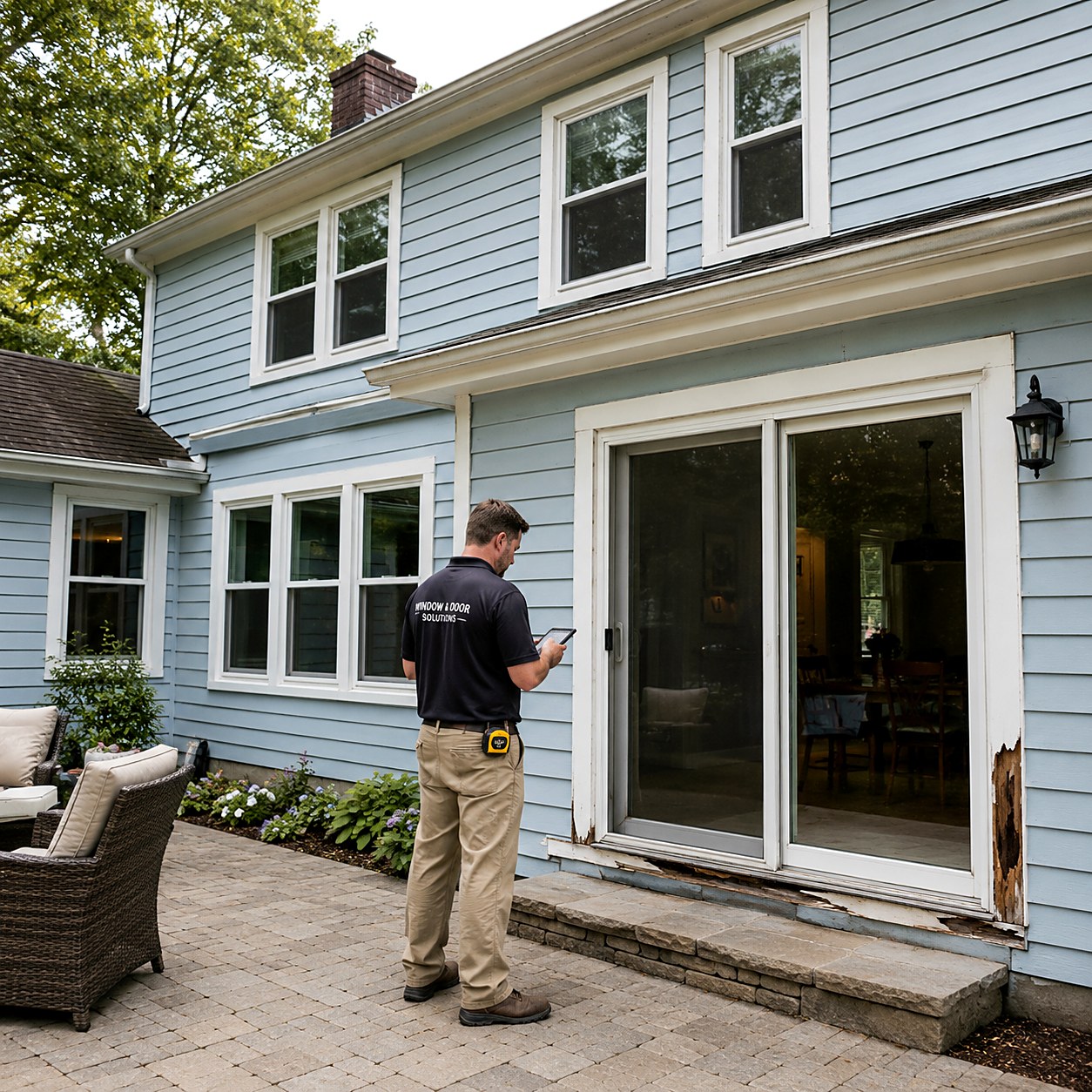 Estimator documenting a rotted patio slider frame during a whole-house window survey, mixed double-hung and casement openings across the back of the home