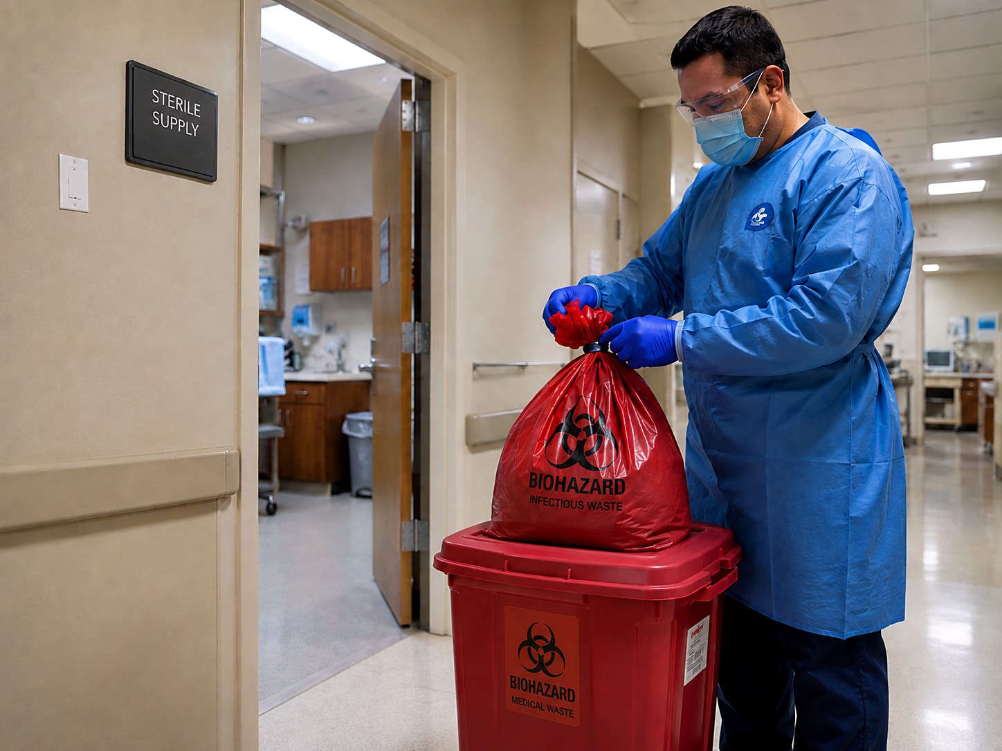 Medical waste technician in PPE sealing a red biohazard bag into a labeled medical waste container in a clinic corridor