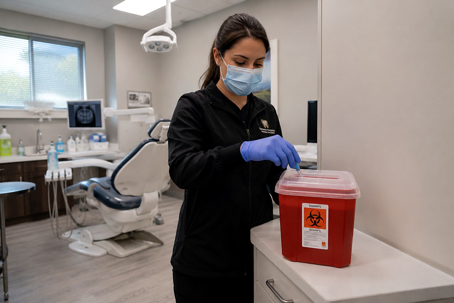 Dental staff member dropping a used sharp into a red sharps container in an operatory with the dental chair and X-ray monitor behind her