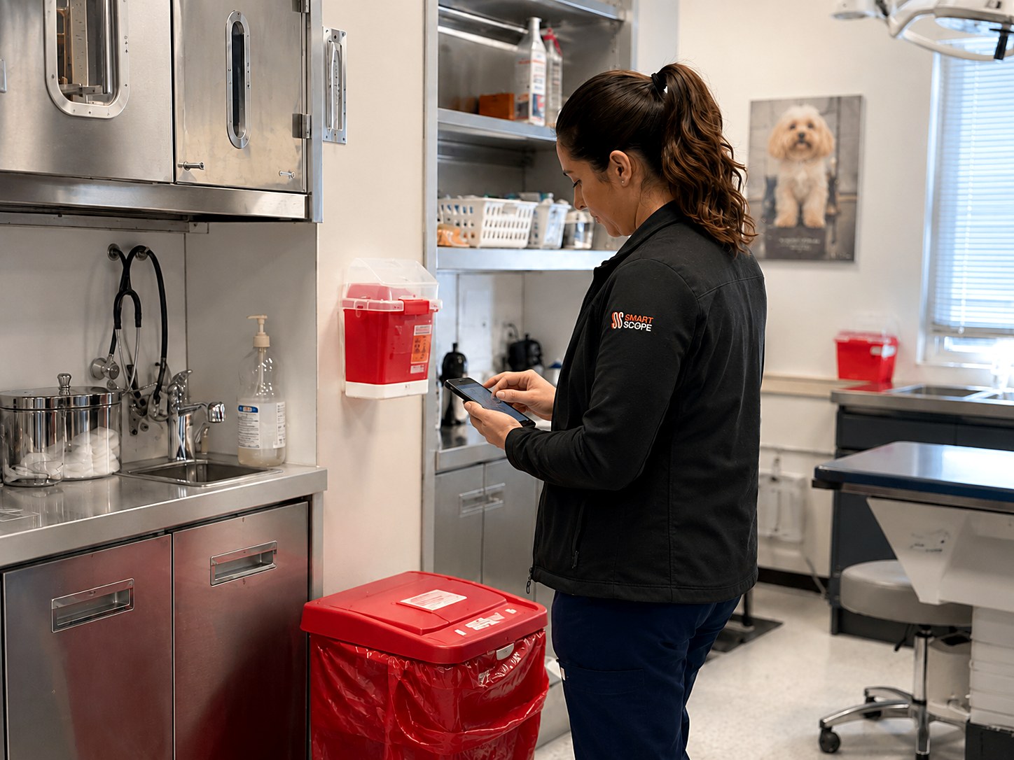 Smart Scope surveyor counting sharps stations and a 30-gallon red-bag container in a veterinary clinic treatment room