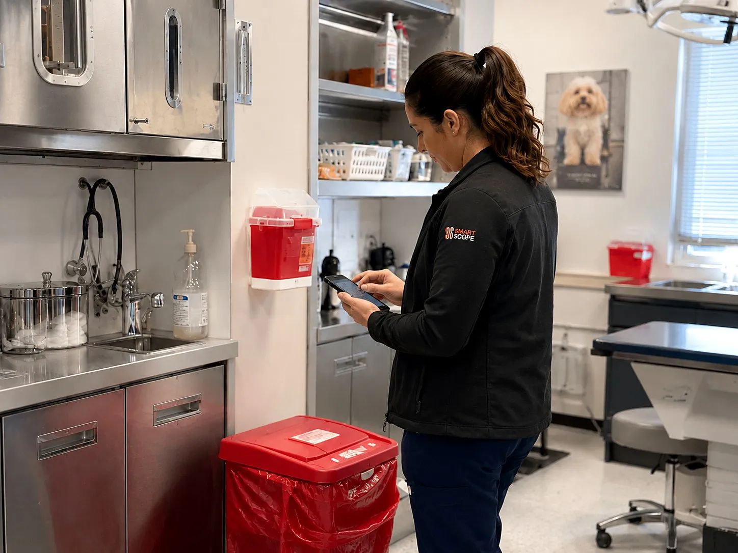 Smart Scope surveyor counting sharps stations and a 30-gallon red-bag container in a veterinary clinic treatment room