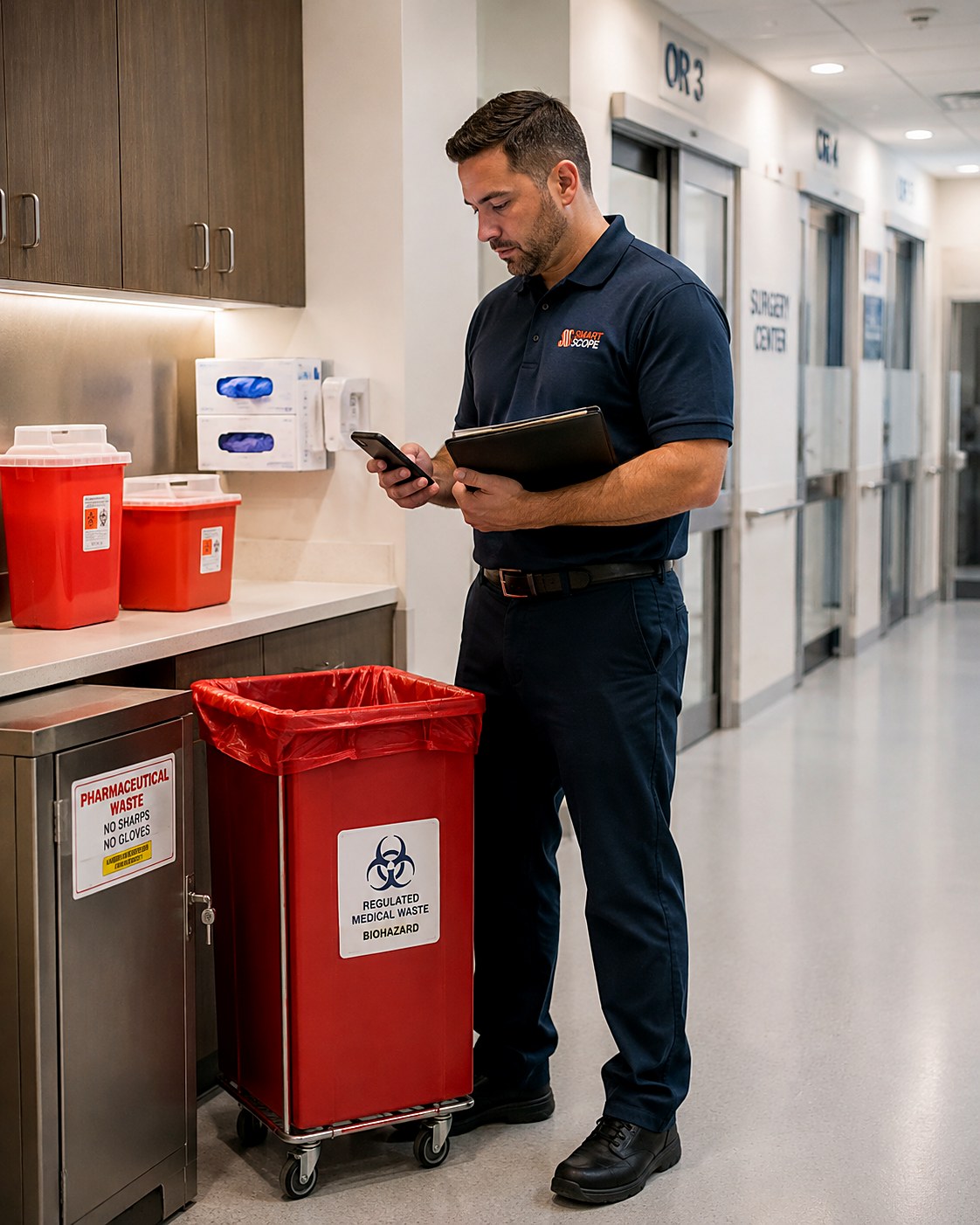 Smart Scope surveyor documenting waste streams outside numbered operating rooms with a pharmaceutical waste cabinet, regulated medical waste cart, and sharps containers