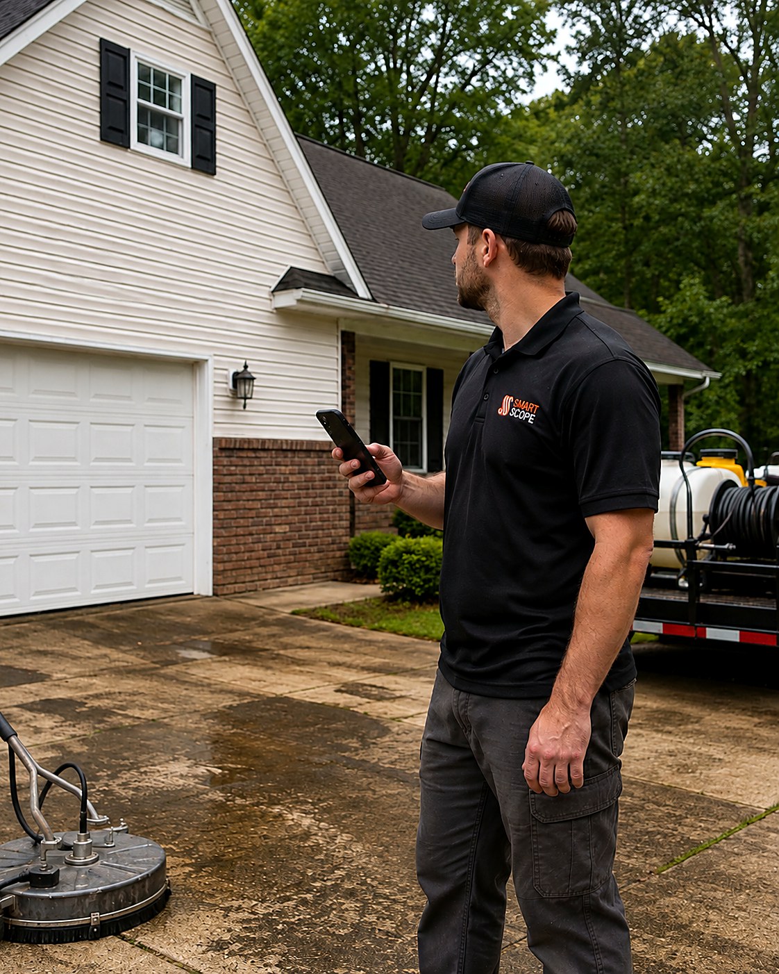 Smart Scope power washing pro texting a bid from a half-cleaned driveway with his surface cleaner and trailer rig beside him