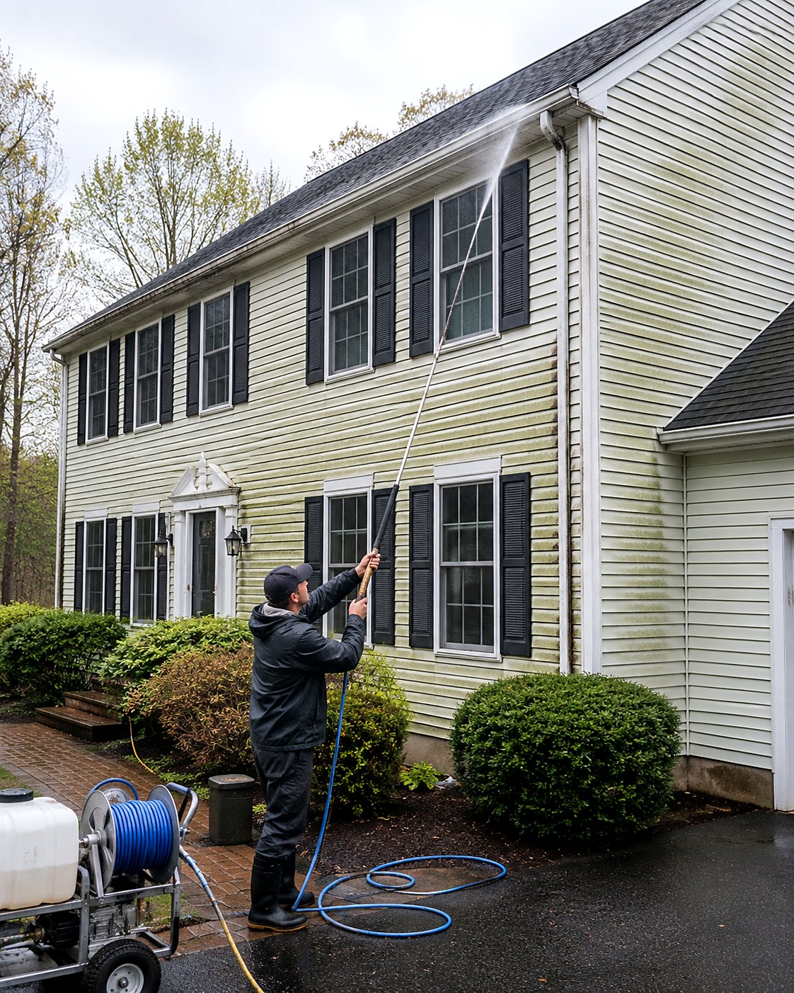 Technician soft washing algae off the upper story of a two-story vinyl colonial with a long wand, soft wash rig staged on the driveway