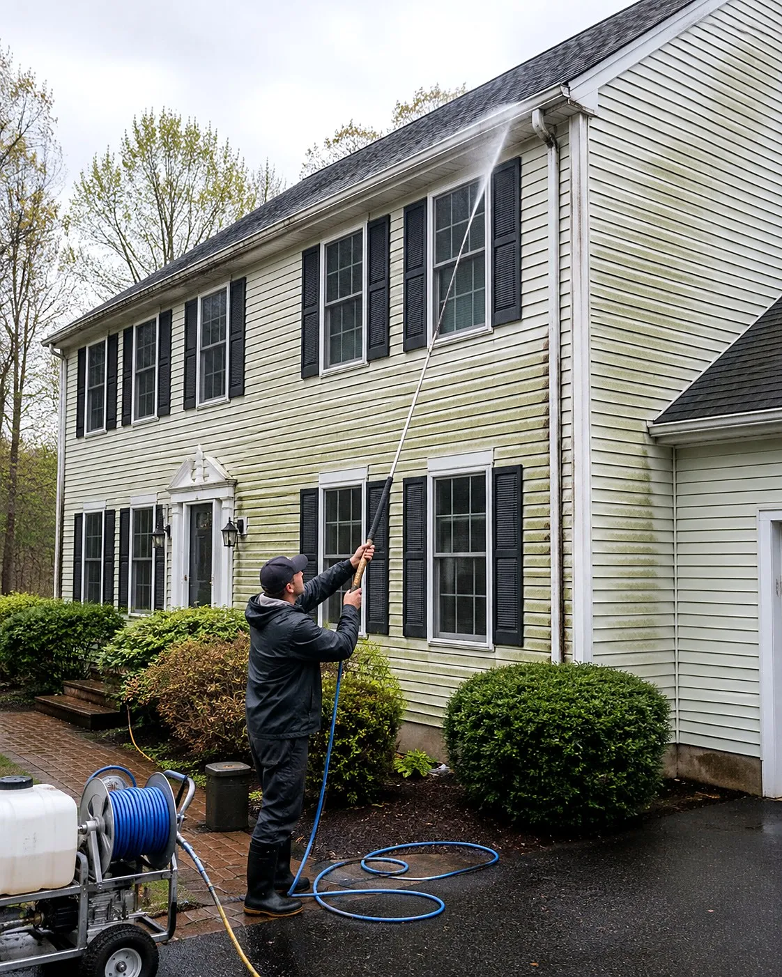 Technician soft washing algae off the upper story of a two-story vinyl colonial with a long wand, soft wash rig staged on the driveway