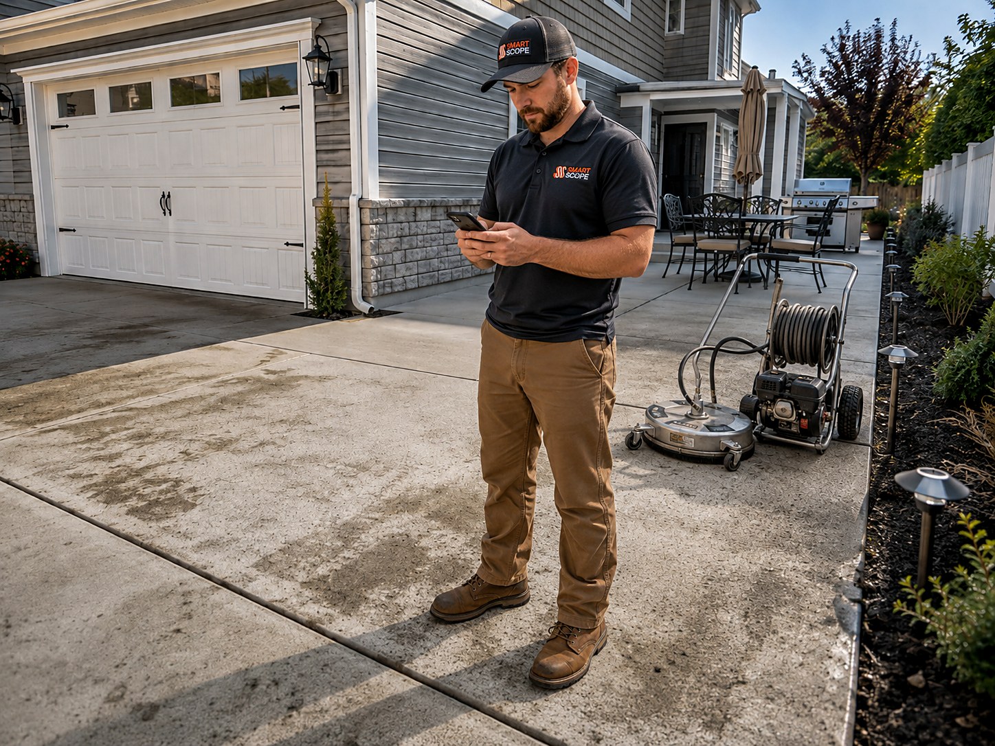 Smart Scope estimator pricing an oil-stained driveway, walkway, and patio concrete cleaning job with his surface cleaner and pressure rig staged