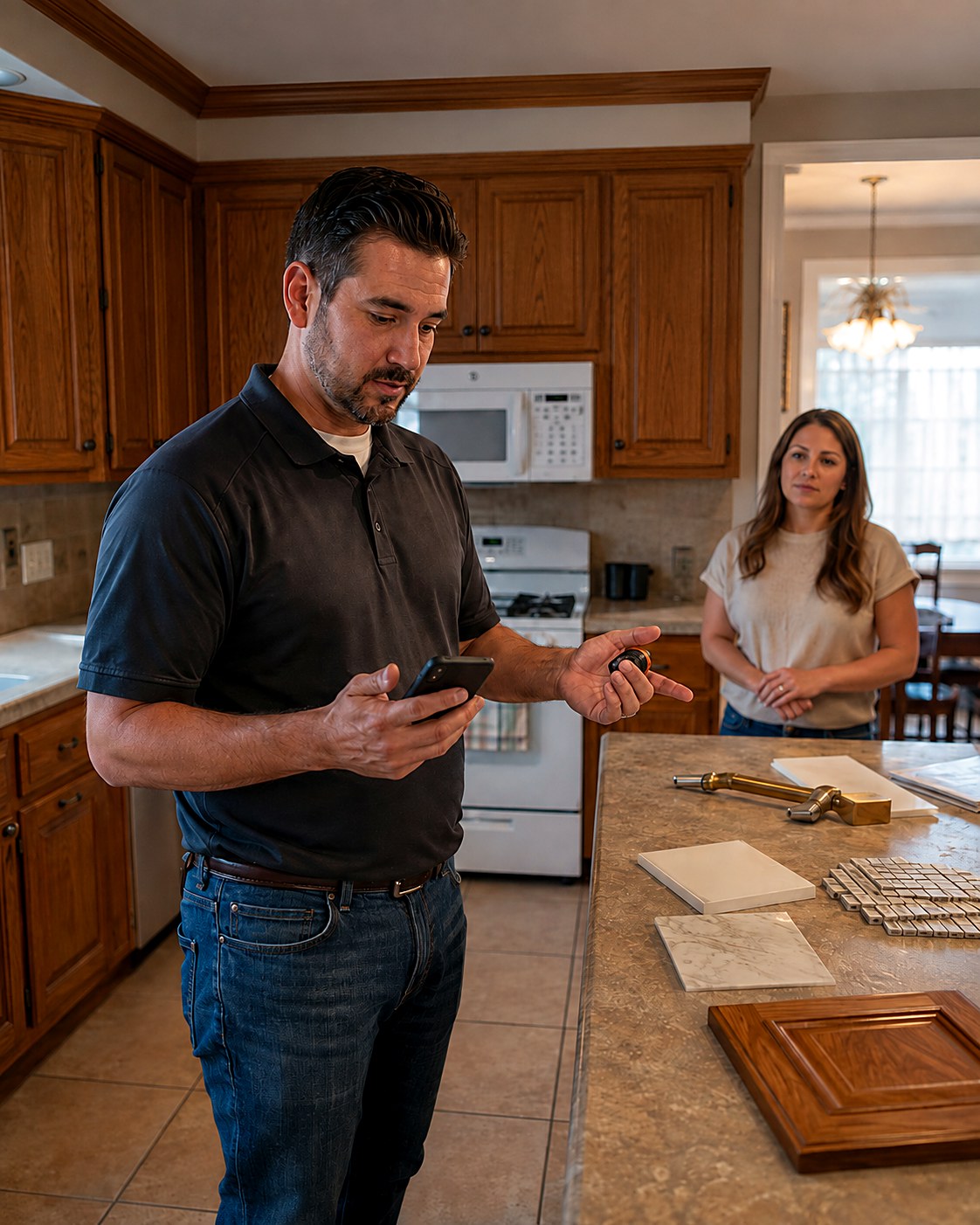 Remodeler reviewing hardware and finish selections with a homeowner in a dated oak kitchen, tile and countertop samples spread across the island