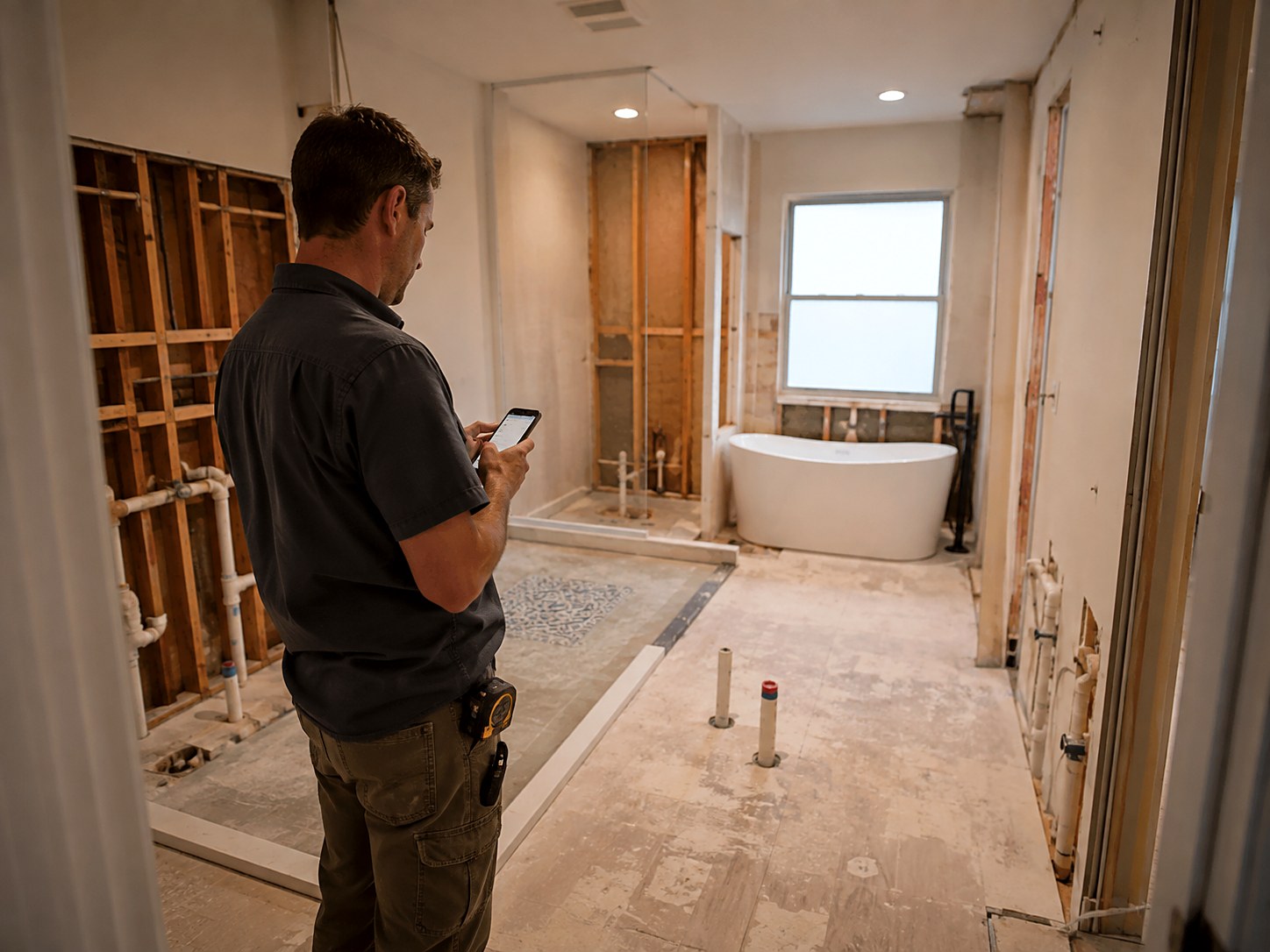 Remodeler pricing a gutted primary bathroom on his phone with relocated plumbing stubs, curbless shower glass, and a freestanding tub in place