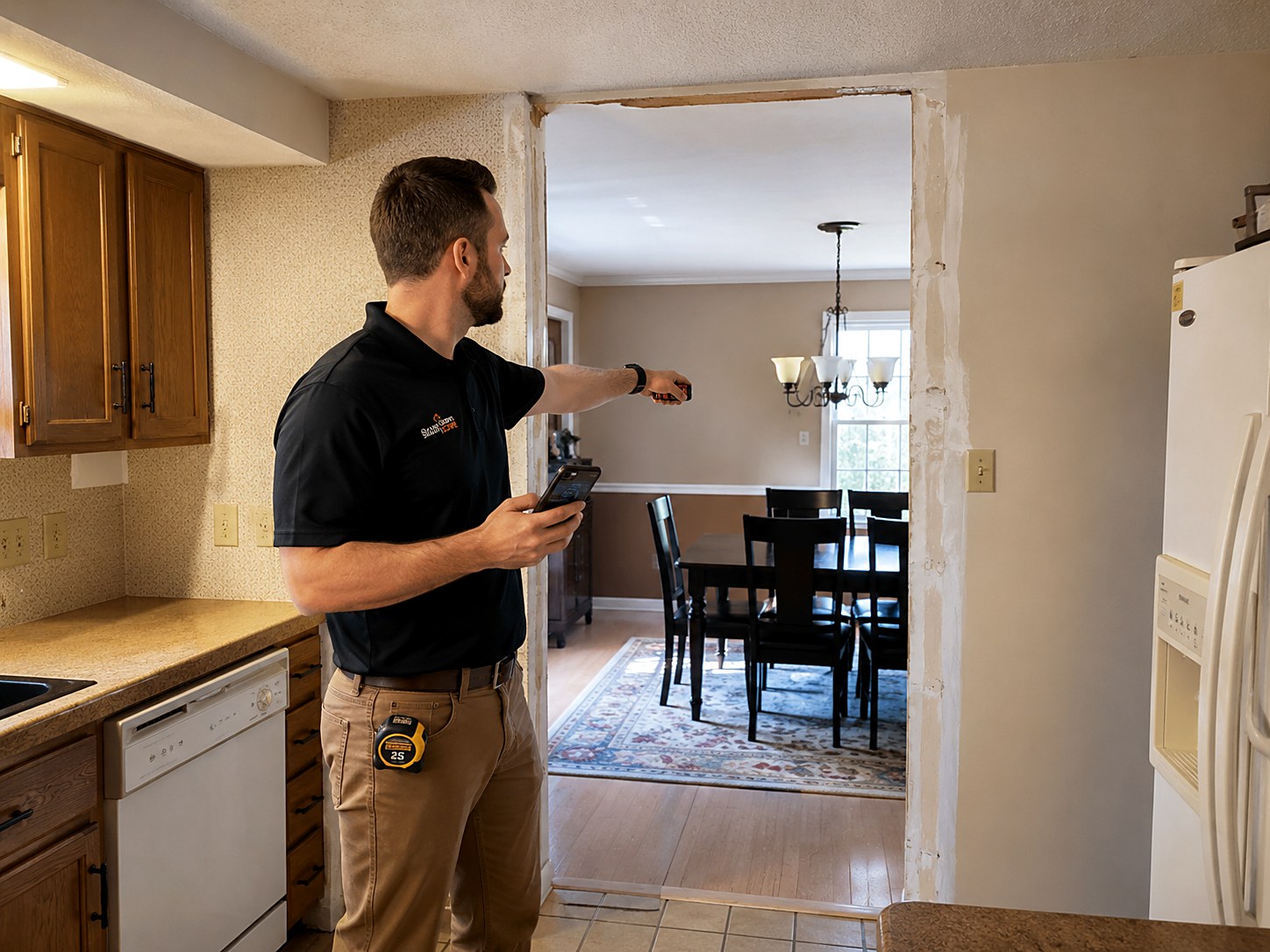 Remodeler laser-measuring the kitchen-to-dining-room wall opening slated for removal, phone in hand for the scope