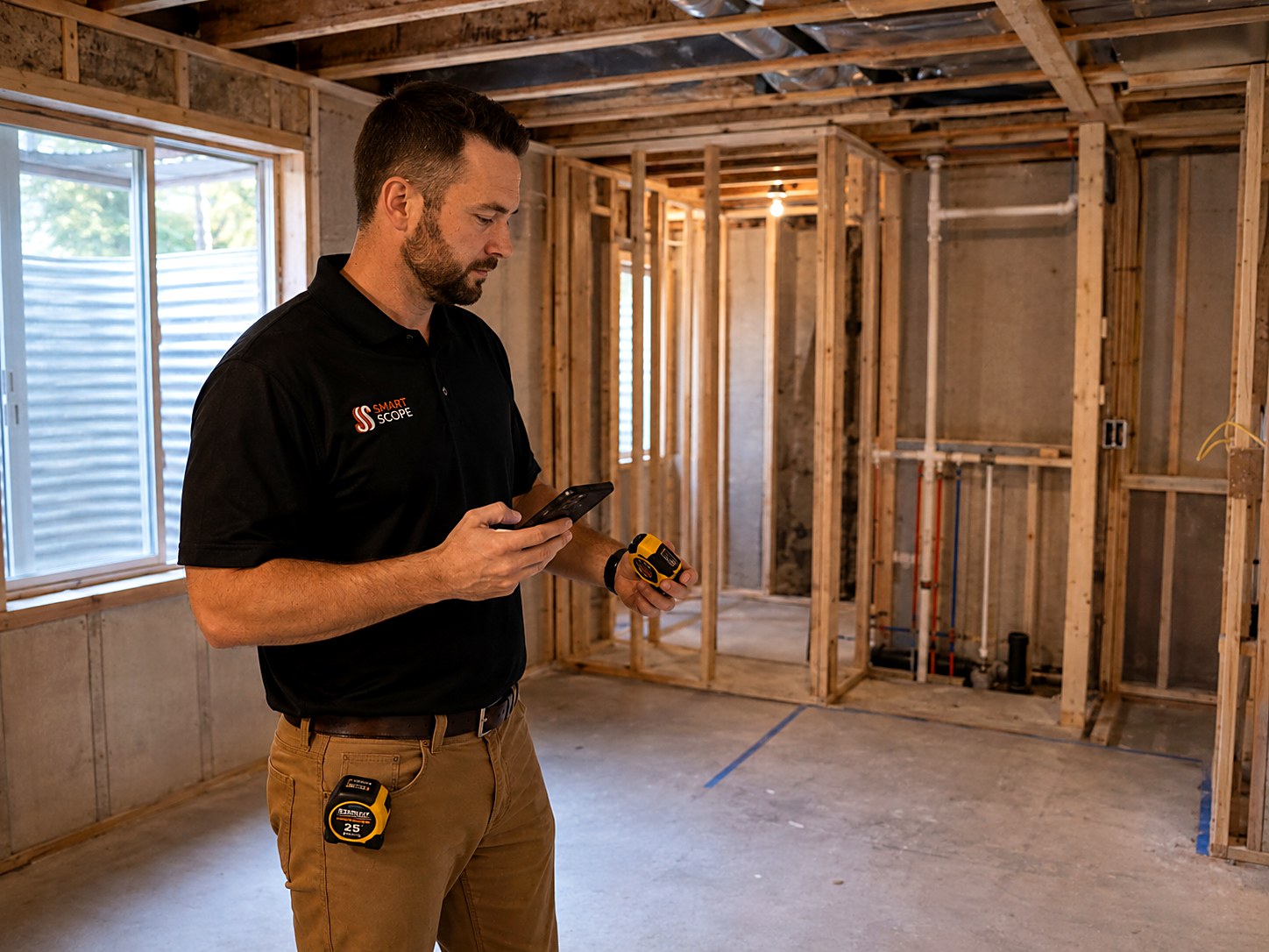 Smart Scope remodeler laser-measuring a basement mid-frame with new stud walls, rough plumbing for the full bath, and an egress window