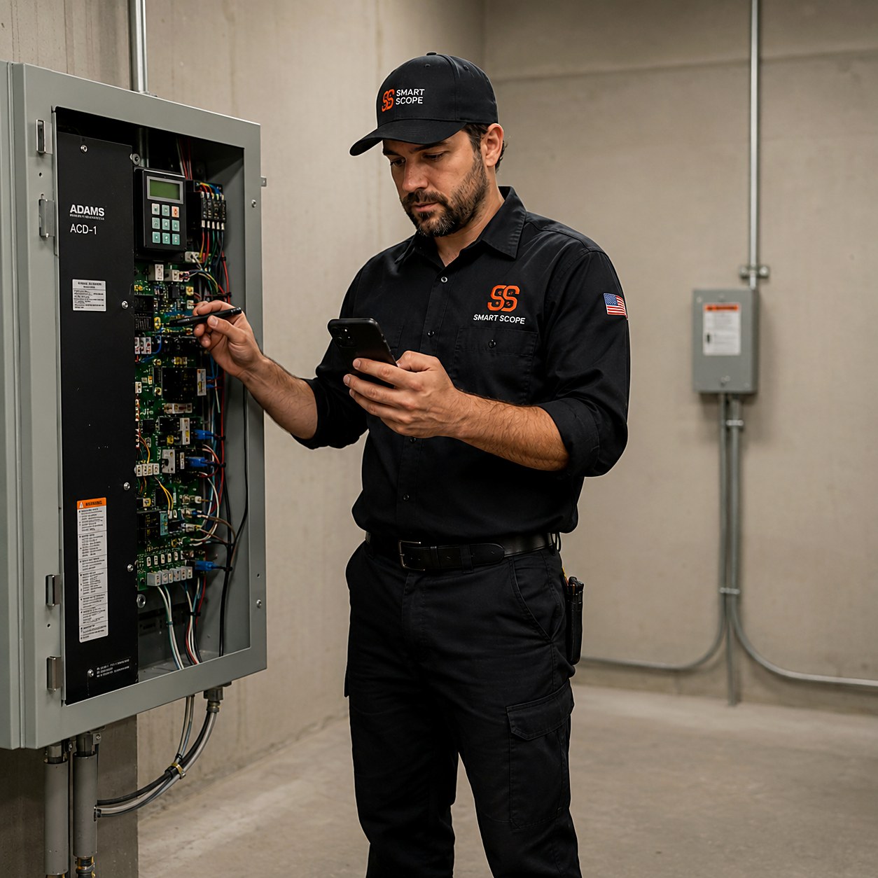 Smart Scope elevator technician documenting findings on his phone at an open controller cabinet in a machine room