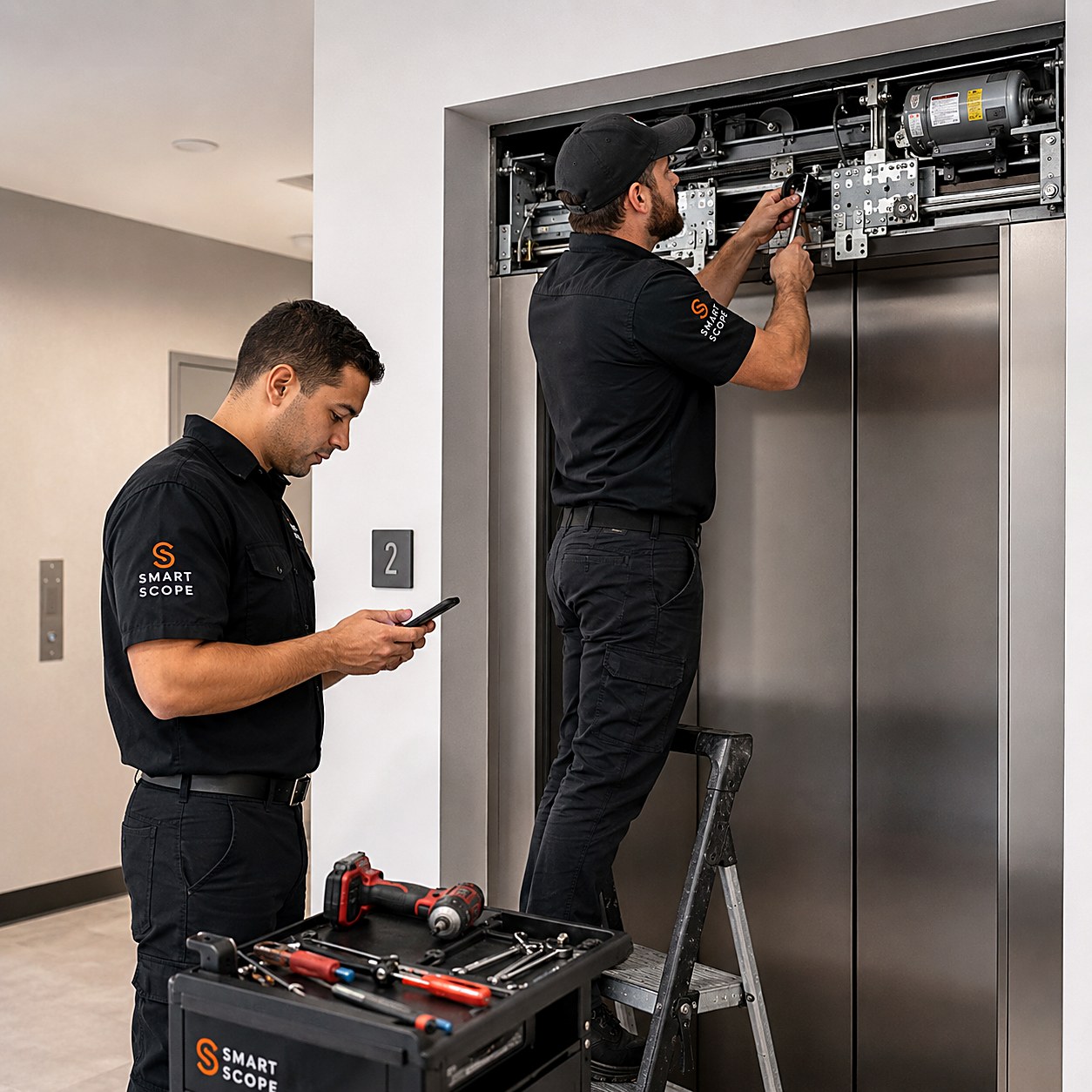 Two Smart Scope elevator techs replacing a door operator, one on a ladder in the header mechanism and one pricing the repair on his phone