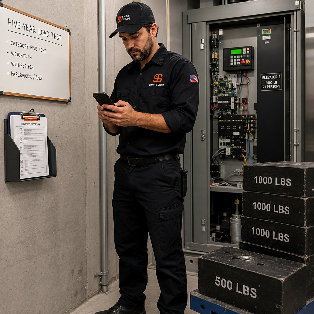 Smart Scope elevator tech logging a Category 5 load test on his phone with stacked test weights beside the open controller