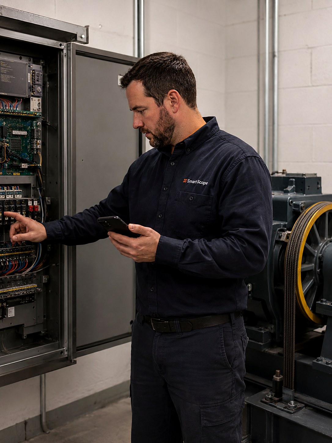 Smart Scope elevator tech surveying a dated relay-based controller for a traction car modernization, hoist machine and sheave behind him
