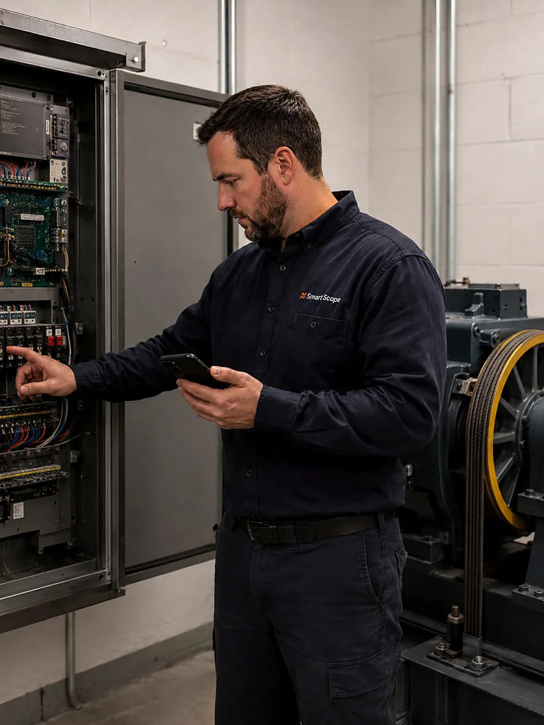 Smart Scope elevator tech surveying a dated relay-based controller for a traction car modernization, hoist machine and sheave behind him
