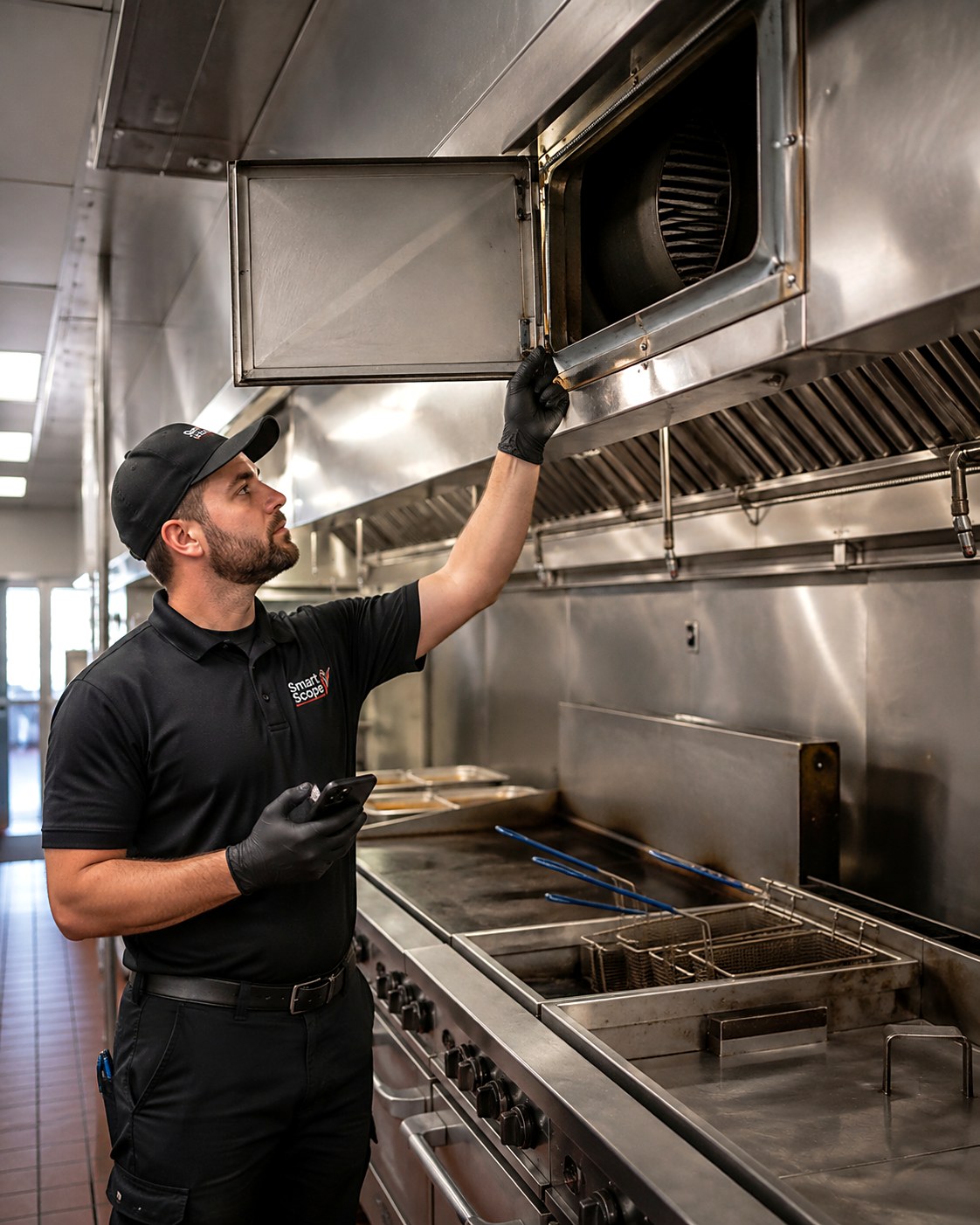 Smart Scope hood cleaning tech inspecting the exhaust fan through an open access panel above a commercial kitchen hood, phone in hand