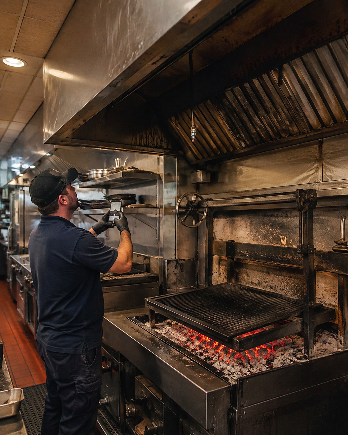 Hood cleaning tech photographing a heavily sooted hood above a live-coal solid fuel grill in a steakhouse kitchen