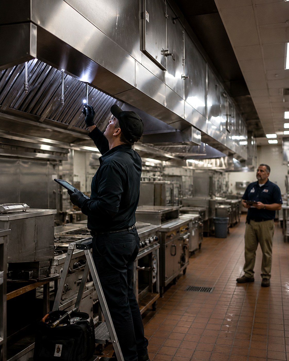 Hood cleaning tech inspecting baffle filters along a long institutional hood line in a hospital cafeteria kitchen while a facilities manager observes