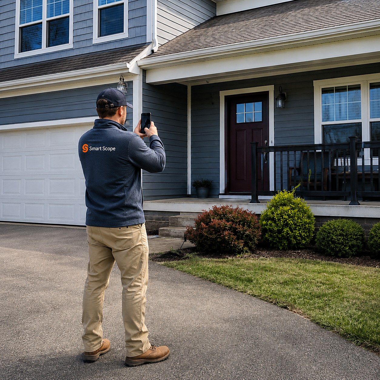 Home improvement contractor standing in a driveway photographing the front of a two-story house with siding, gutters and an entry door