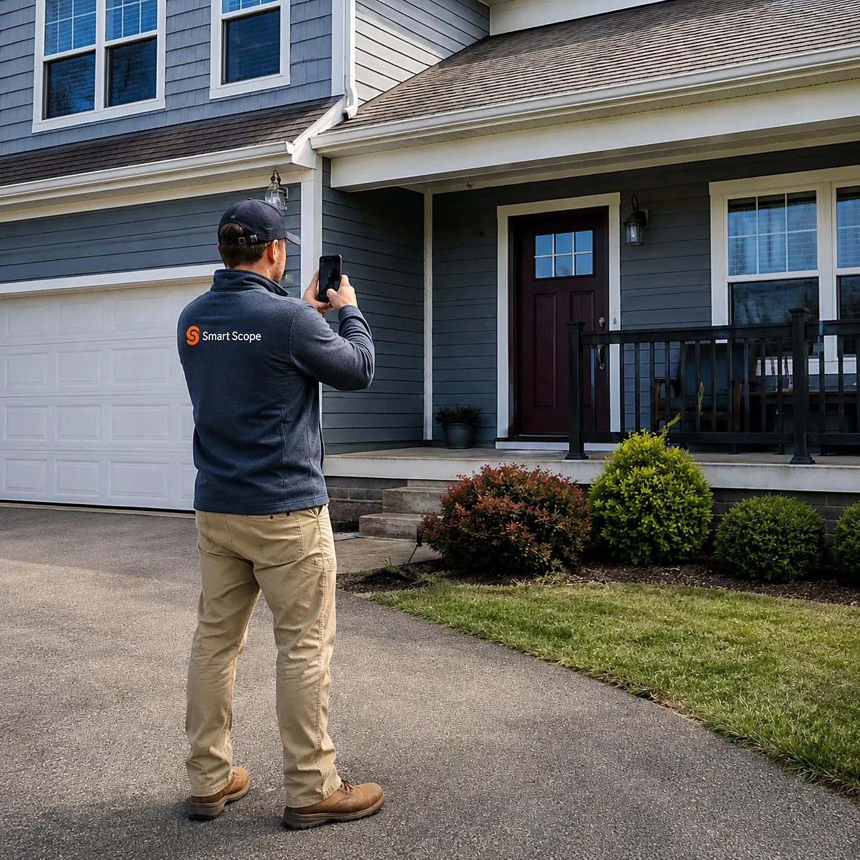 Home improvement contractor standing in a driveway photographing the front of a two-story house with siding, gutters and an entry door