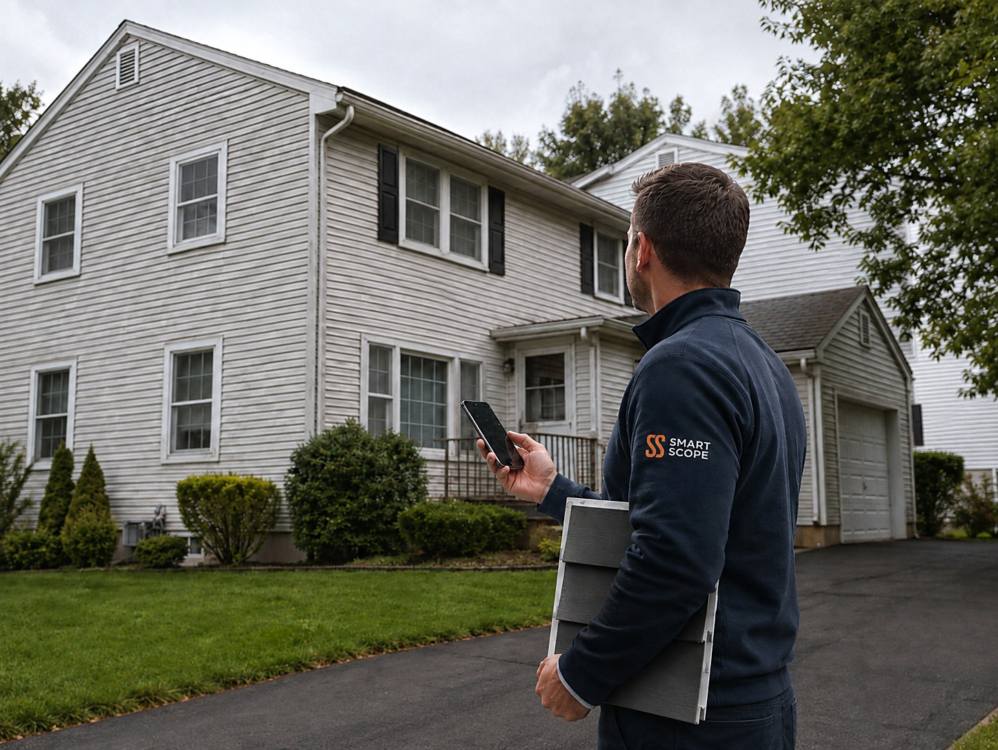 Home improvement contractor holding a phone showing a Smart Scope siding estimate while looking up at a two-story house with a ladder against the wall