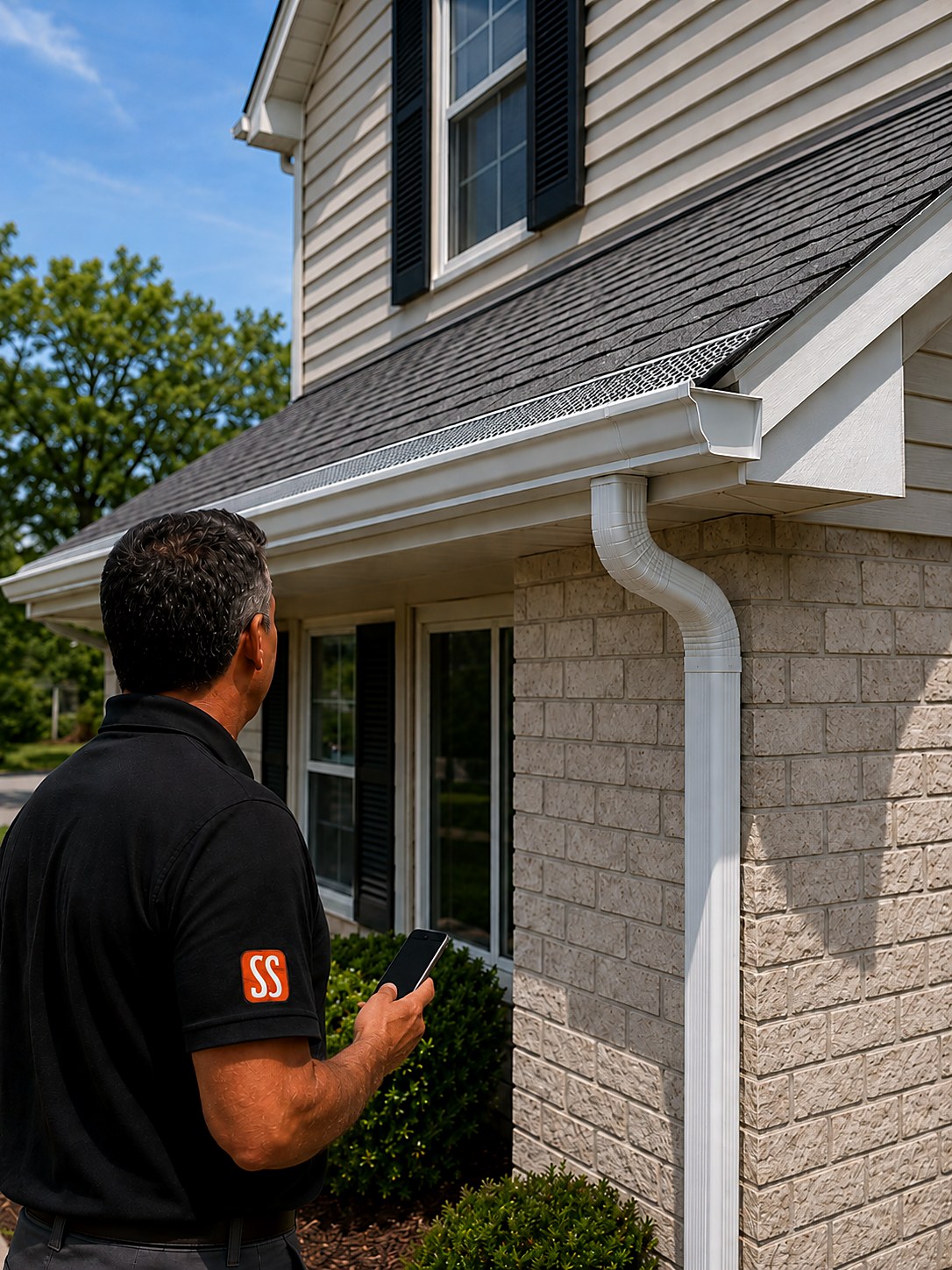Contractor with a phone looking up at a seamless gutter run with leaf guard mesh and a downspout on the corner of a house