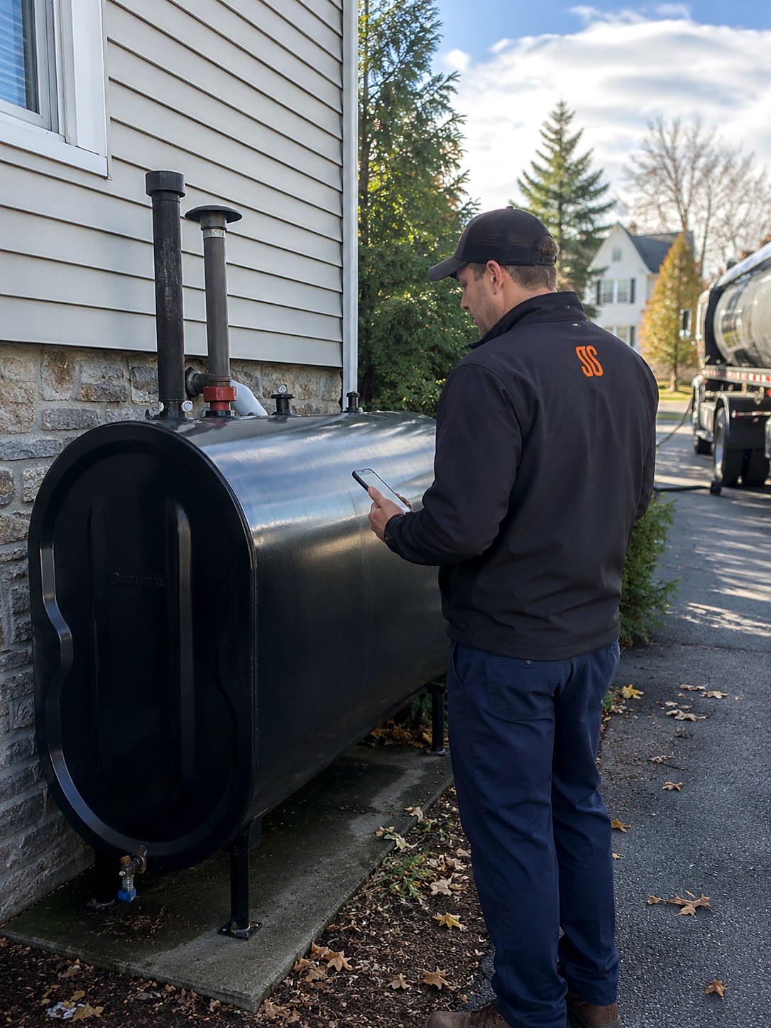 Fuel oil delivery tech with a phone surveying an outdoor heating oil tank beside a house with the delivery truck parked in the driveway