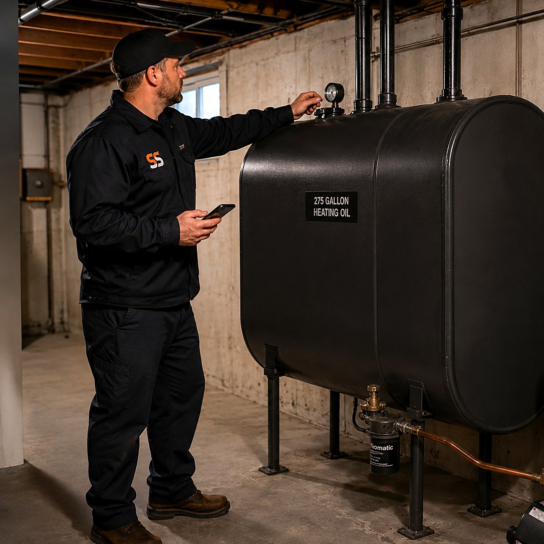 Fuel oil delivery tech with a phone checking a gauge on a basement tank next to a boiler while documenting the account