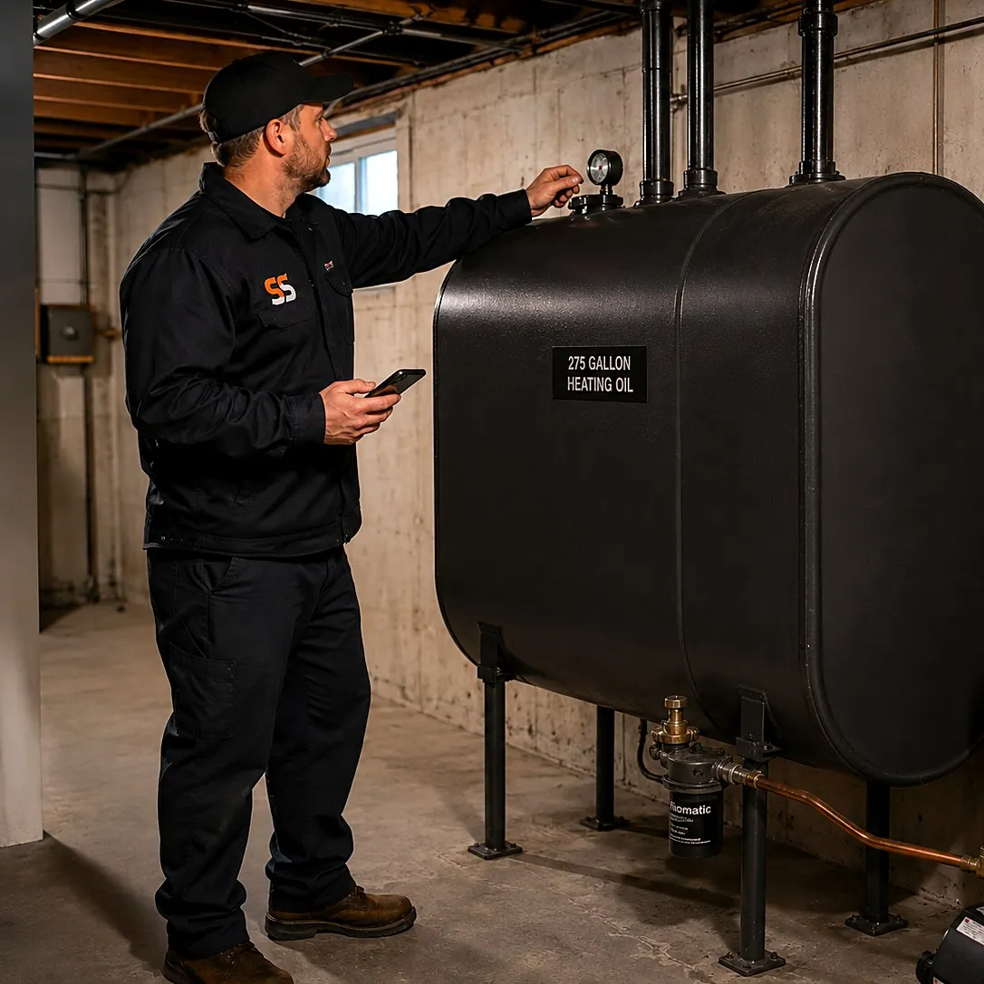 Fuel oil delivery tech with a phone checking a gauge on a basement tank next to a boiler while documenting the account