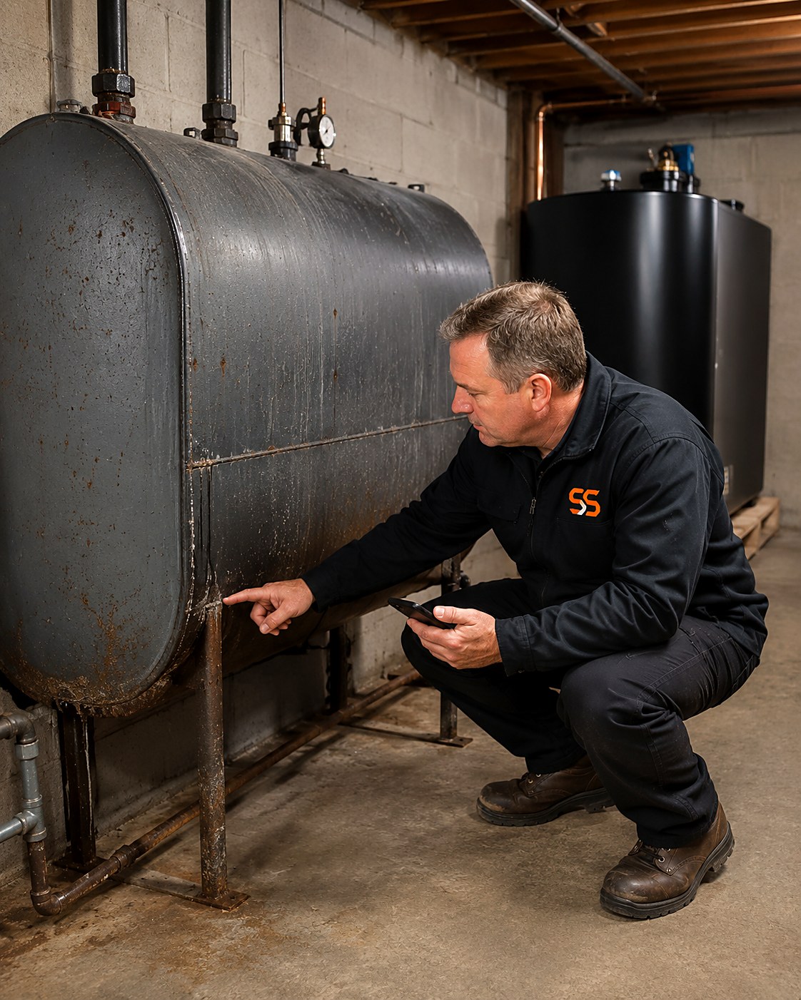 Fuel oil tech with a phone pointing at a weeping seam on an old rusting basement oil tank with a new double-wall replacement tank behind him