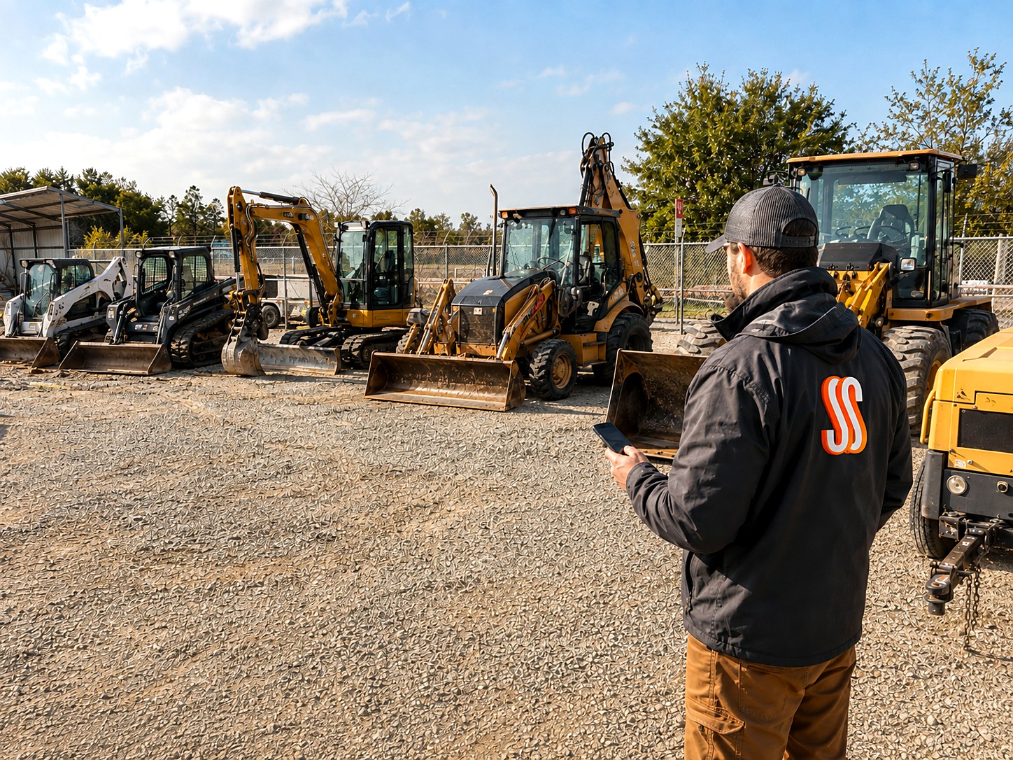 Fuel delivery rep with a phone photographing a row of skid steers, excavators and a backhoe parked in a gravel contractor yard