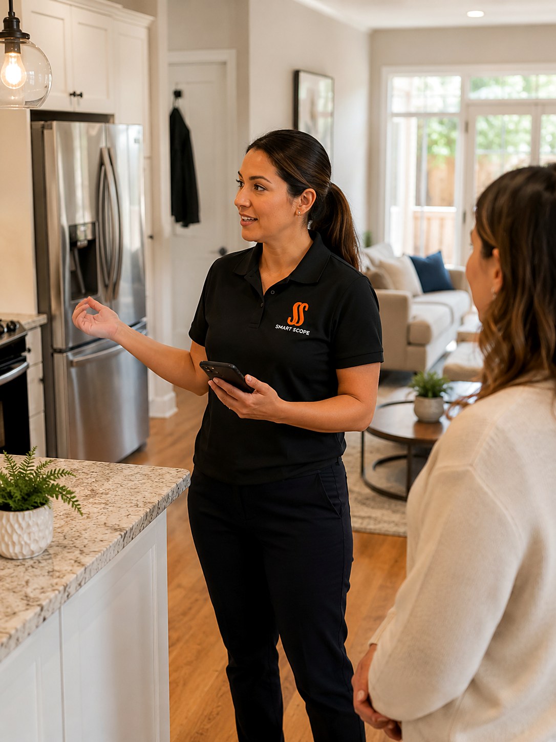 Cleaning company estimator in a Smart Scope polo walking a homeowner through her kitchen with a phone in hand during a quote walkthrough