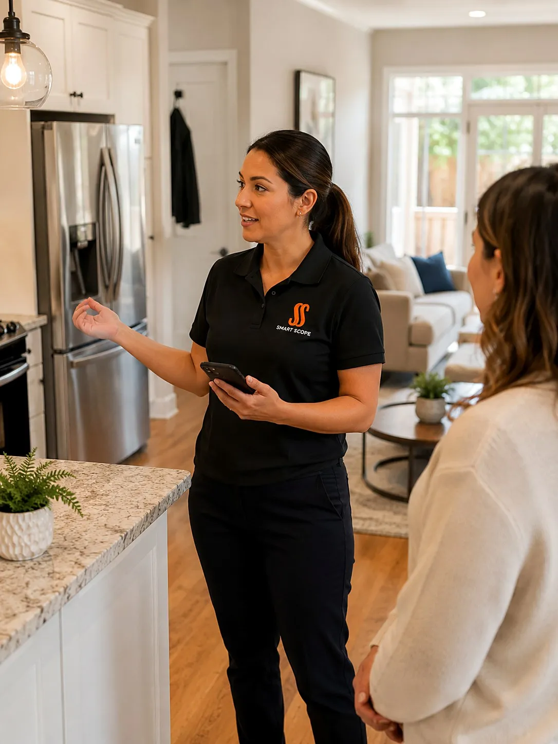 Cleaning company estimator in a Smart Scope polo walking a homeowner through her kitchen with a phone in hand during a quote walkthrough