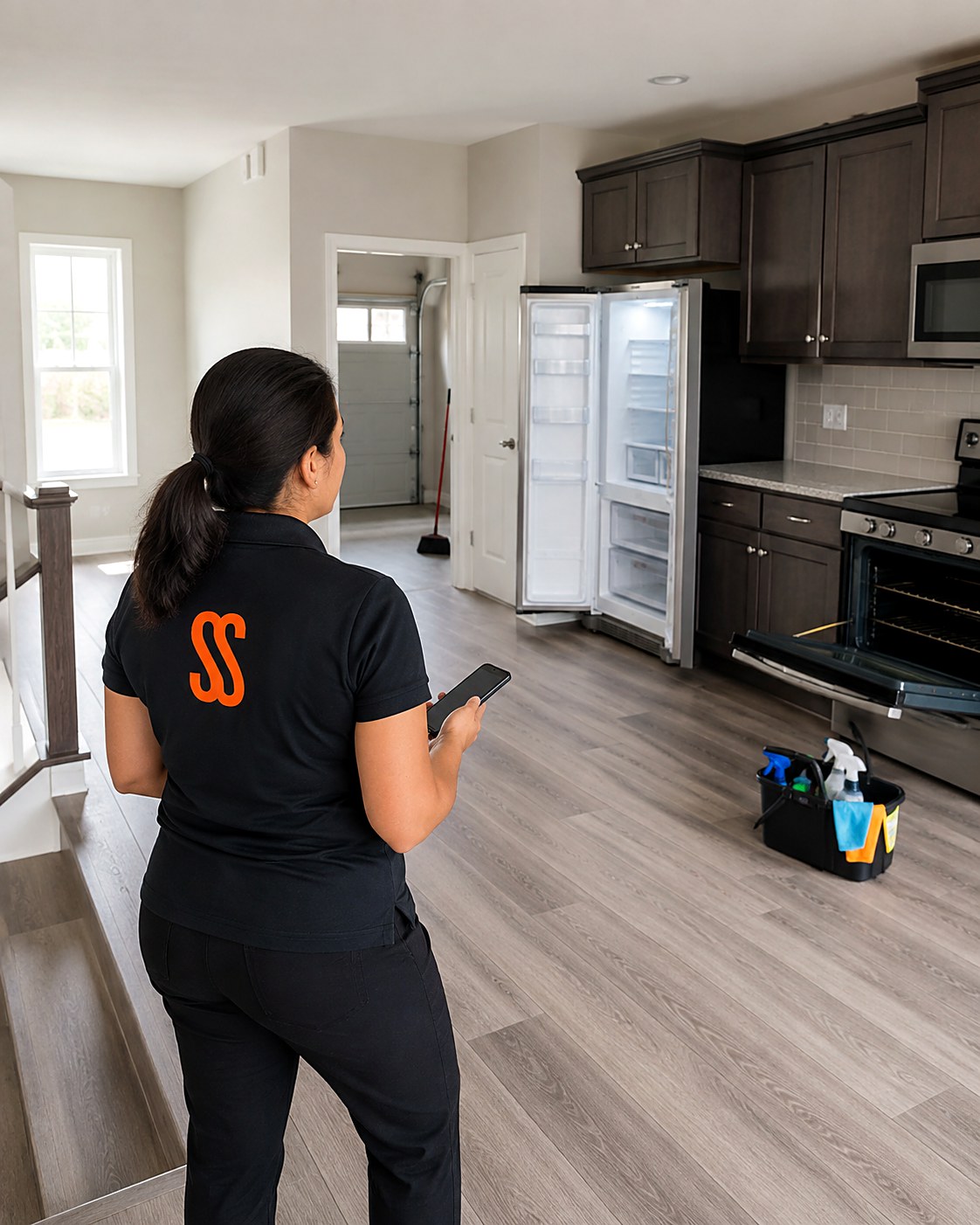 Cleaning estimator with a phone standing in an empty townhouse kitchen with the refrigerator and oven doors open and a supply caddy on the floor