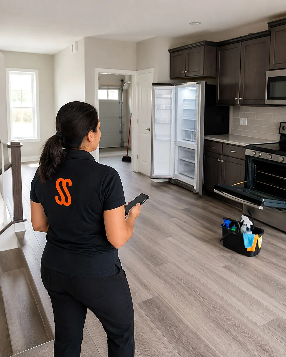 Cleaning estimator with a phone standing in an empty townhouse kitchen with the refrigerator and oven doors open and a supply caddy on the floor