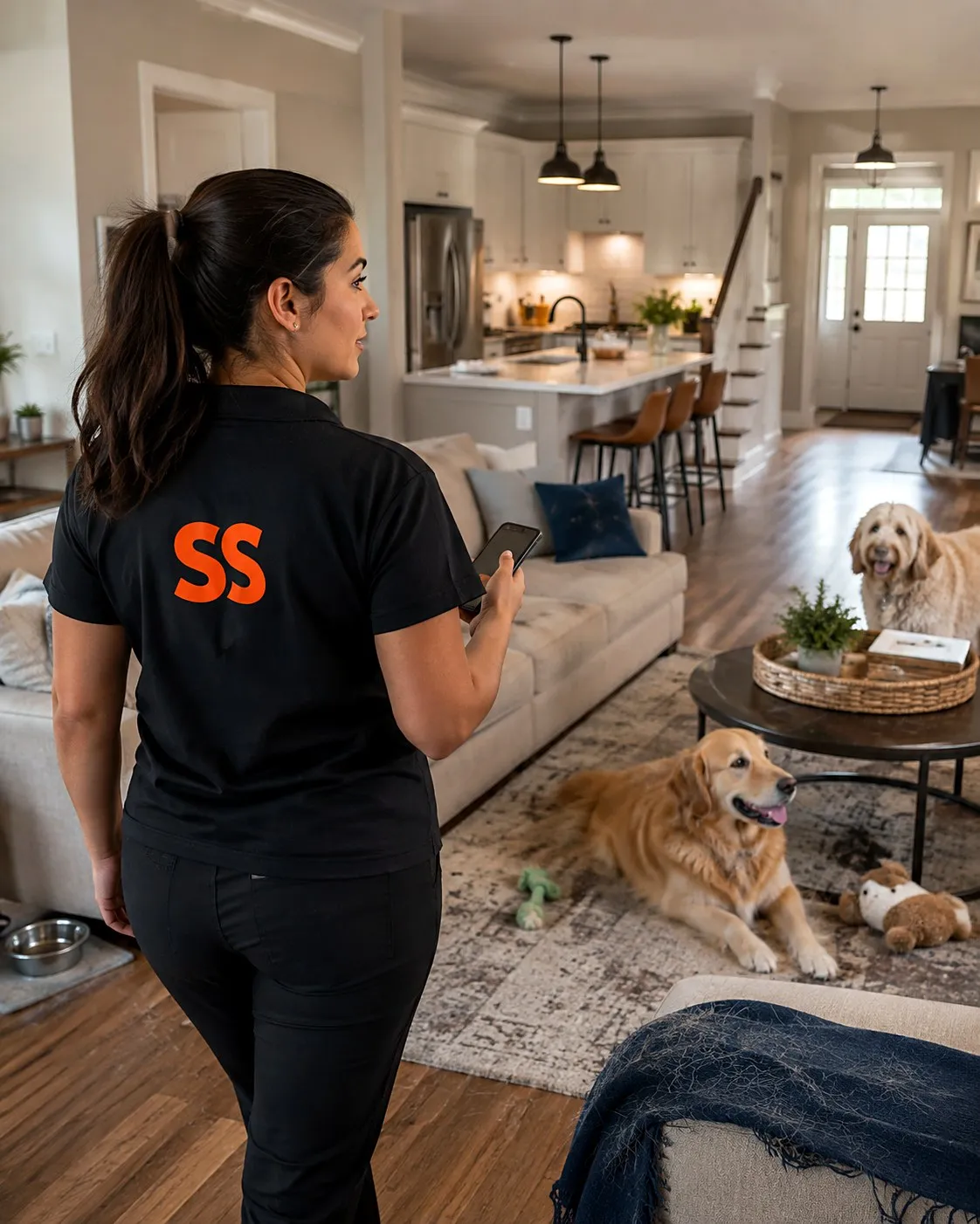 Cleaning estimator with a phone walking an open-plan living room with two dogs on the rug, pet hair on the furniture and toys on the floor