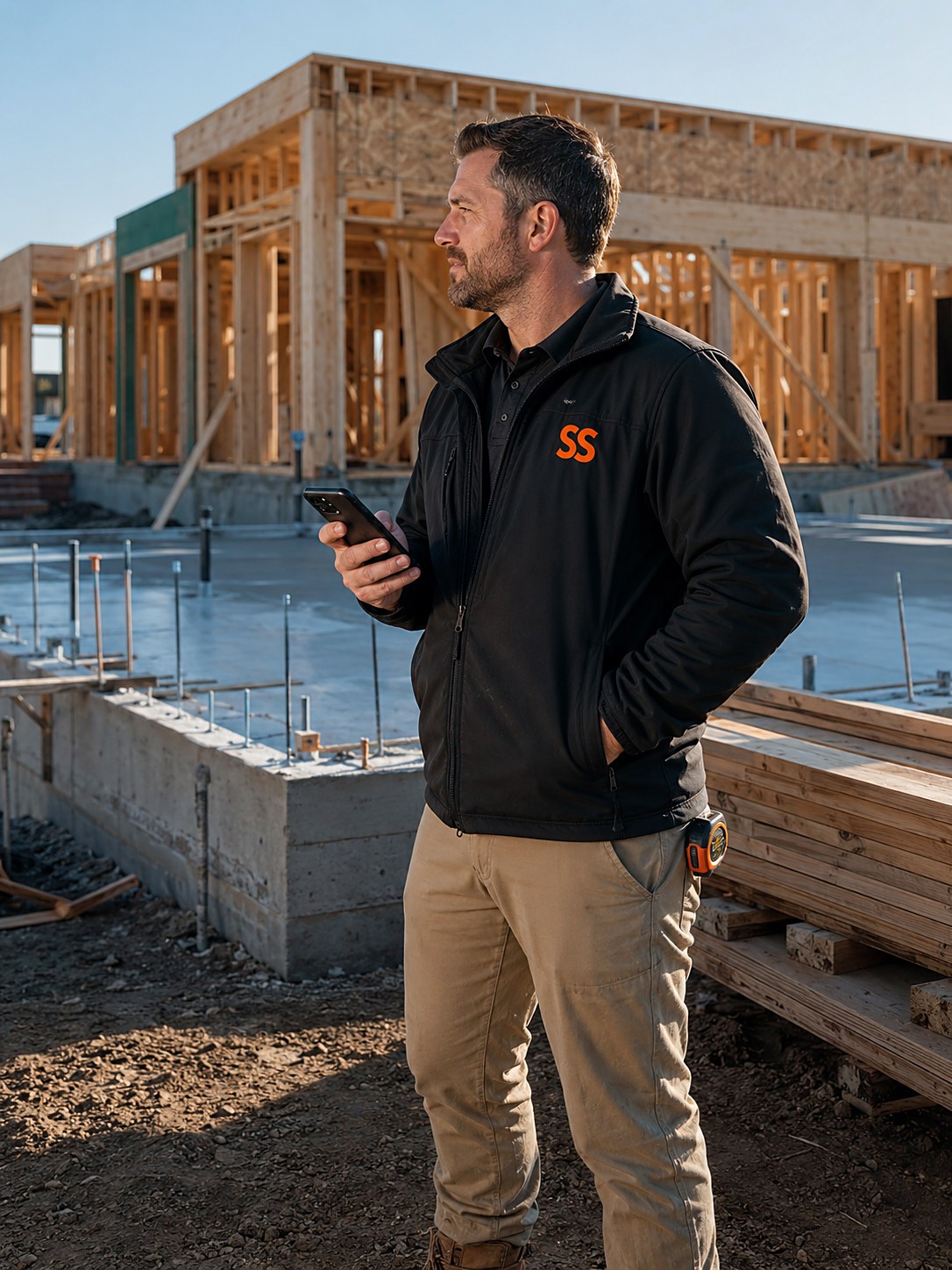 Construction estimator with a phone standing at a jobsite in front of a poured foundation and a newly framed building with lumber stacked nearby