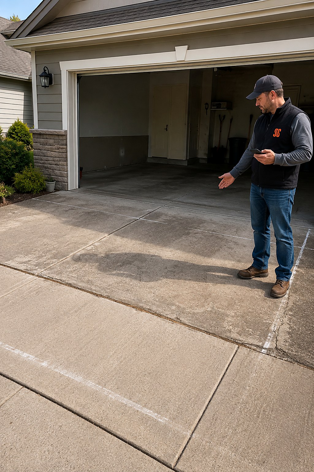 Concrete estimator with a phone standing on a driveway approach outside an open garage, gesturing across the slab area with chalk layout lines on the ground