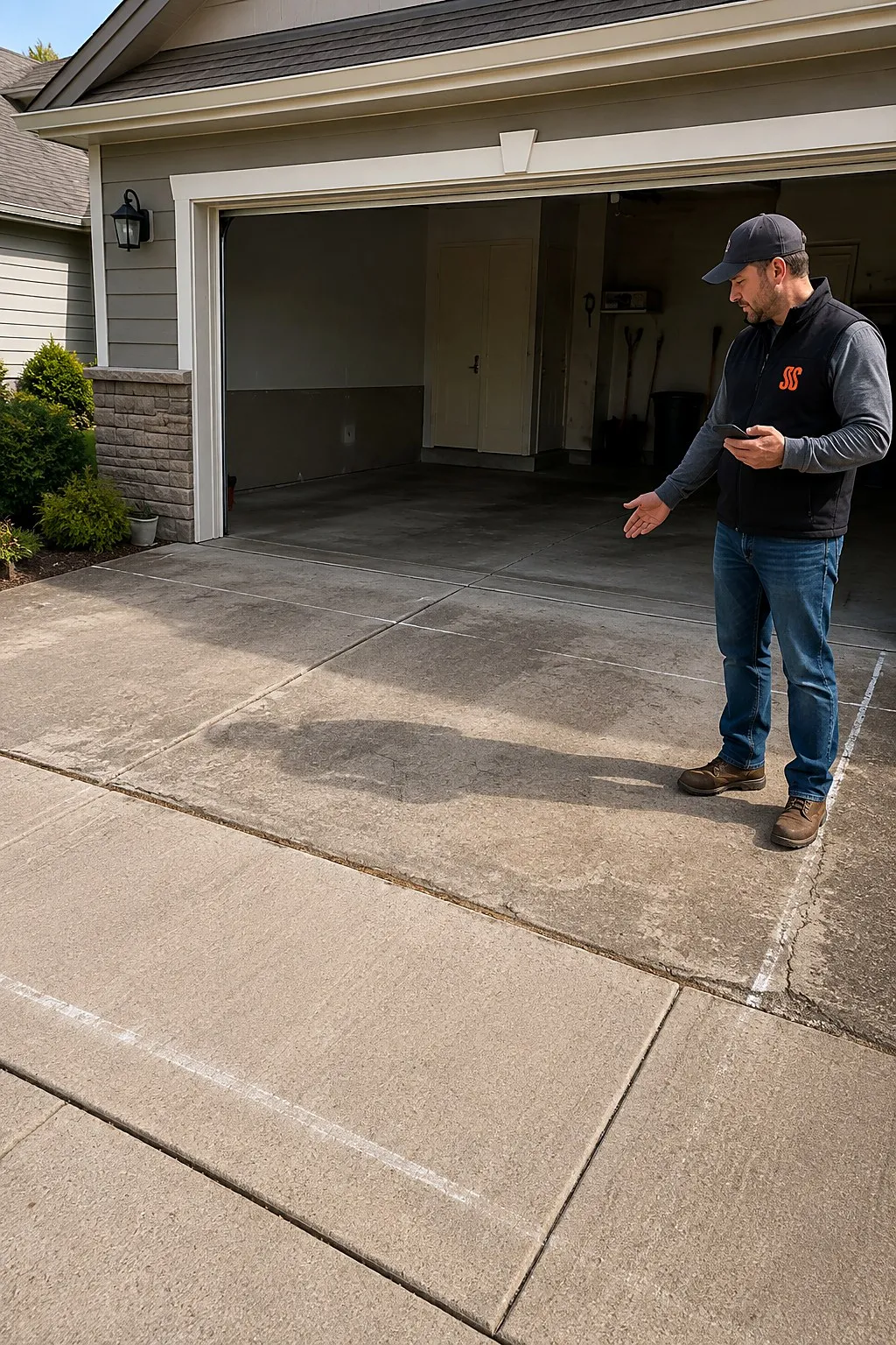 Concrete estimator with a phone standing on a driveway approach outside an open garage, gesturing across the slab area with chalk layout lines on the ground