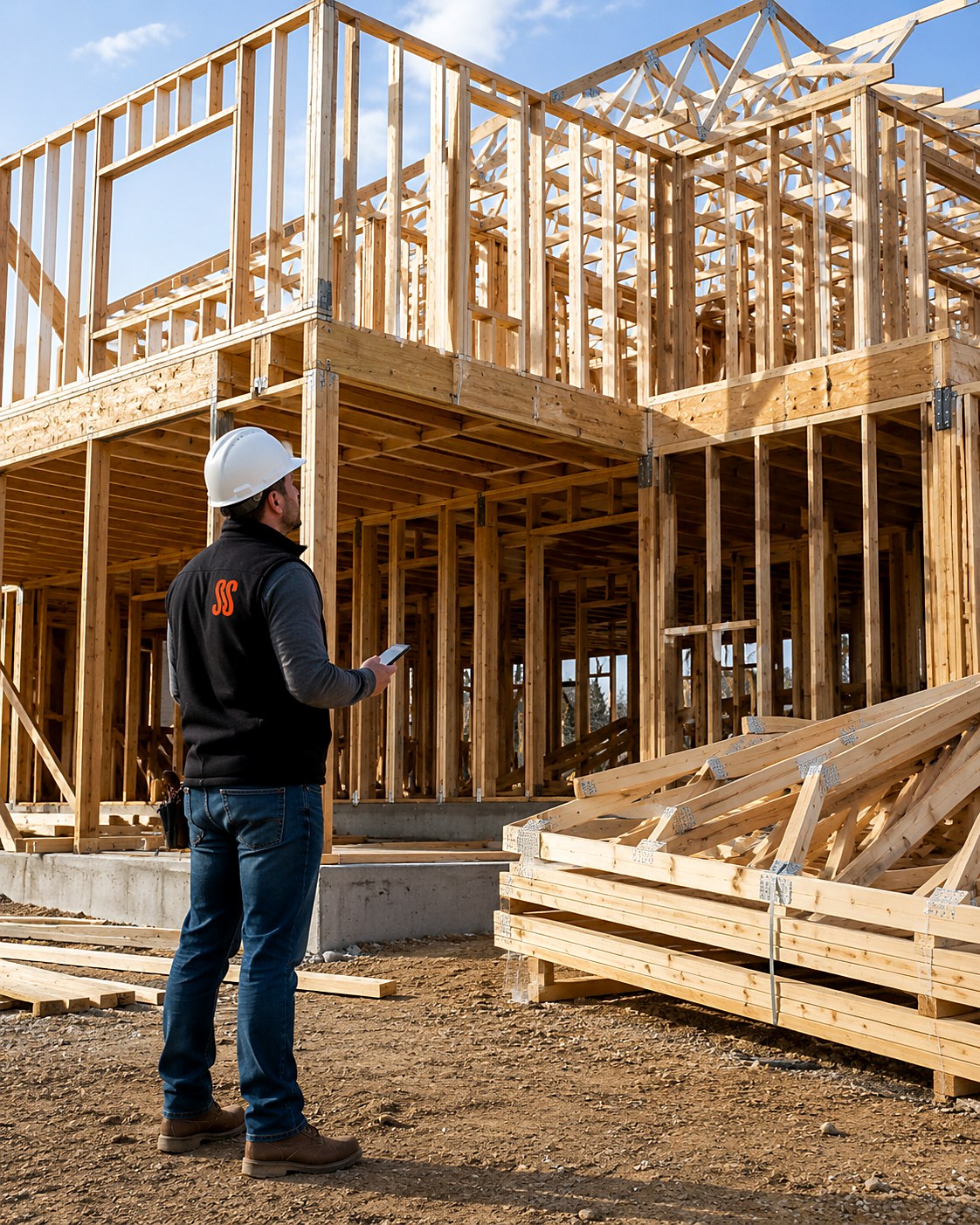 Framing estimator in a hard hat with a phone looking up at a two-story wood-framed house with a bundle of roof trusses staged on the ground beside him
