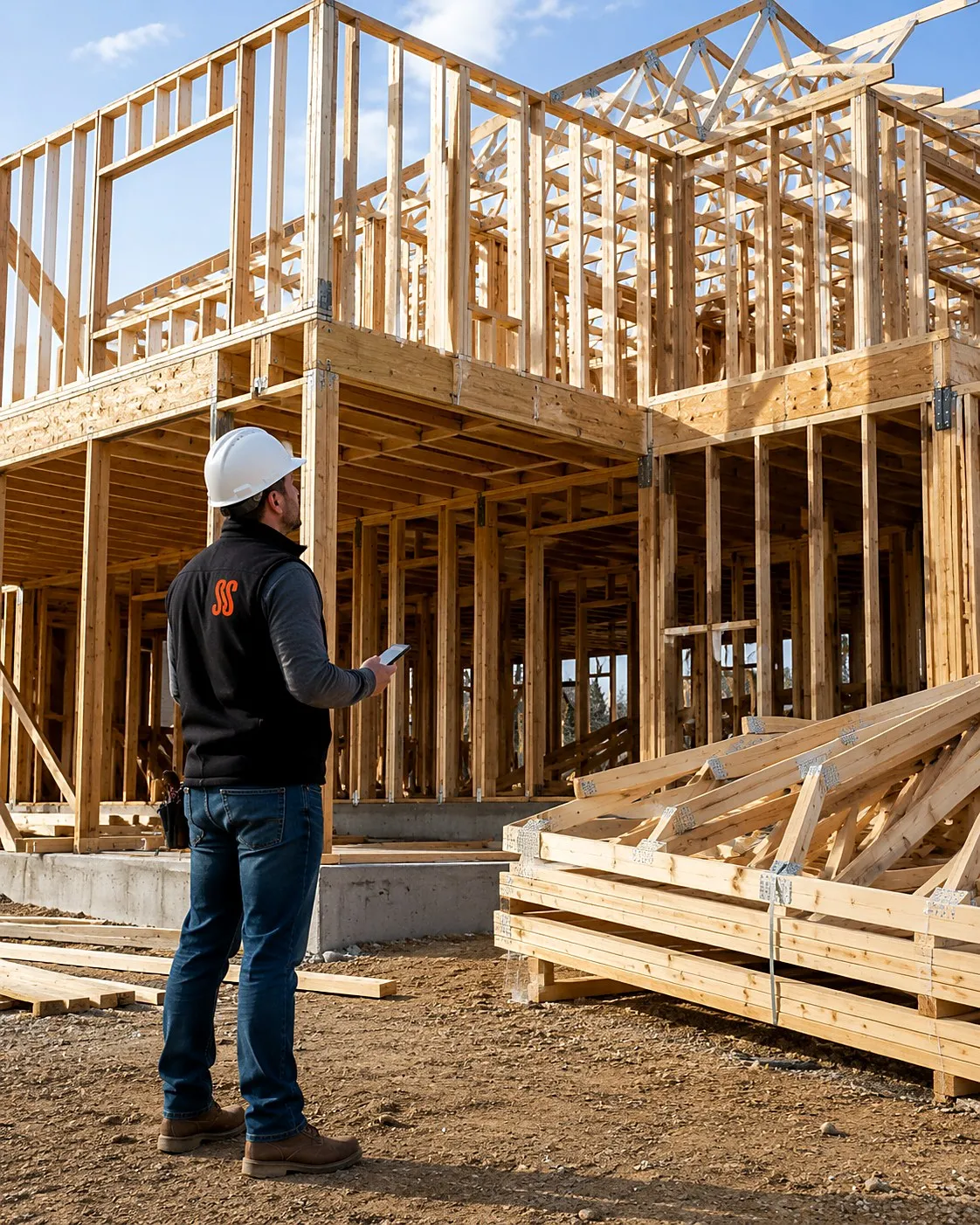Framing estimator in a hard hat with a phone looking up at a two-story wood-framed house with a bundle of roof trusses staged on the ground beside him