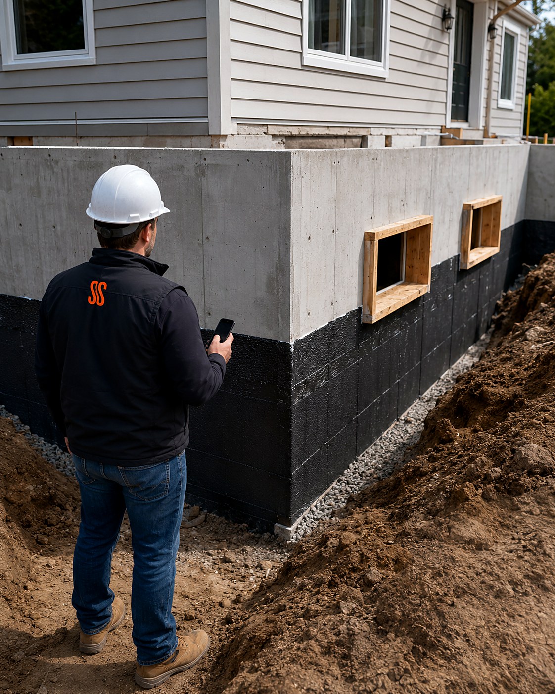 Foundation estimator in a hard hat with a phone beside a new poured frost wall with window bucks, damp-proofing and an open backfill trench alongside an existing house