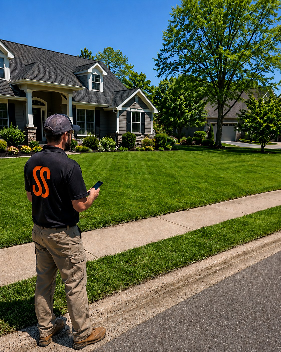 Lawn care estimator standing at the curb with a phone, looking across a large striped front lawn toward a suburban house