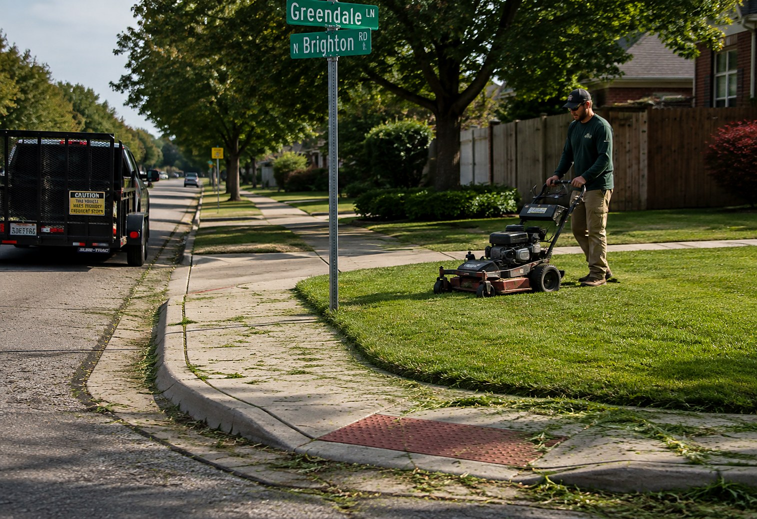 Crew member running a walk-behind mower on a corner lot with sidewalk on two sides and a truck and trailer parked at the curb