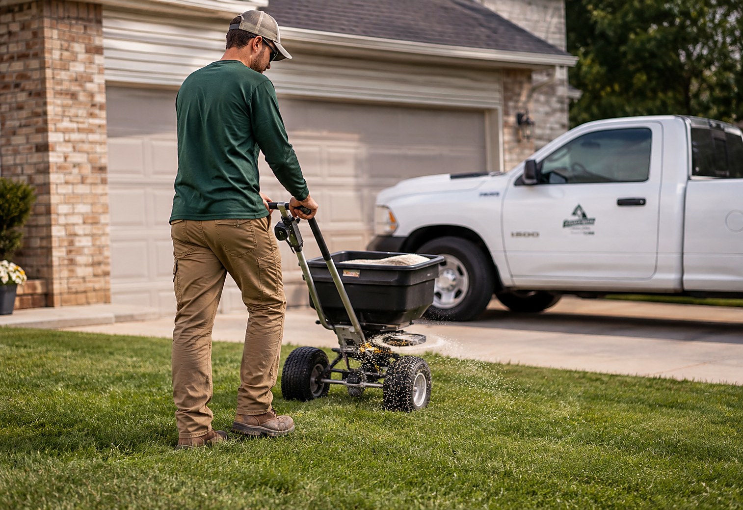 Lawn technician pushing a broadcast spreader across a front lawn near the driveway with a service pickup parked in the drive