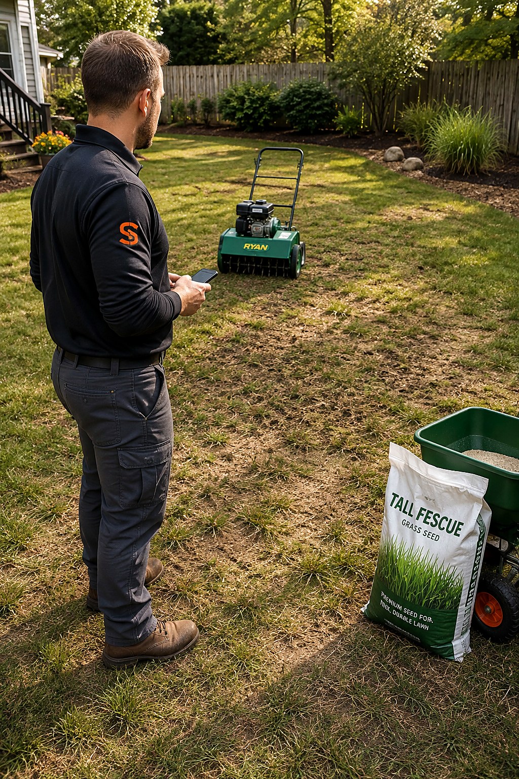 Lawn care estimator with a phone looking over a thin patchy backyard with a core aerator and a bag of tall fescue seed staged nearby
